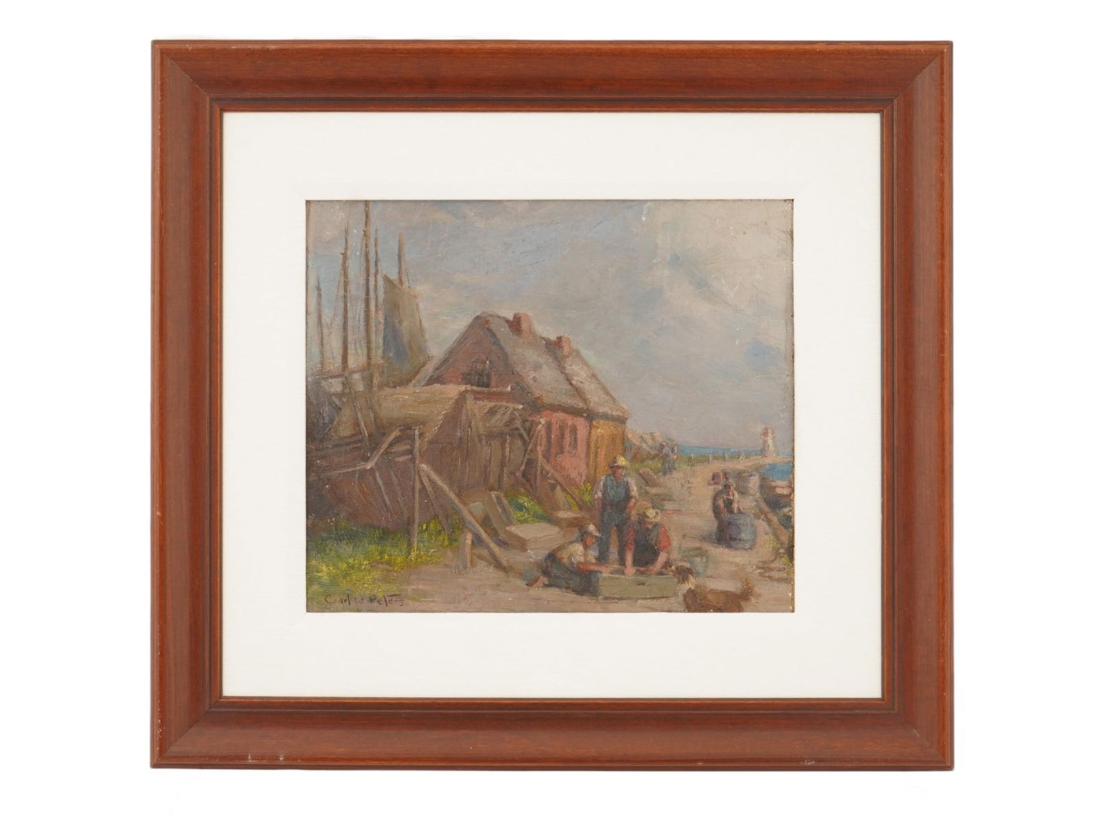 AMERICAN SCHOOL COASTAL GENRE SCENE OIL PAINTING: An oil painting on board depicting a rural coastal genre scene. Signed lower left. Framed. Additionally inscribed, and dated 1960, on the backside. Modernist and Contemporary Fine Art, American Oil Pa
