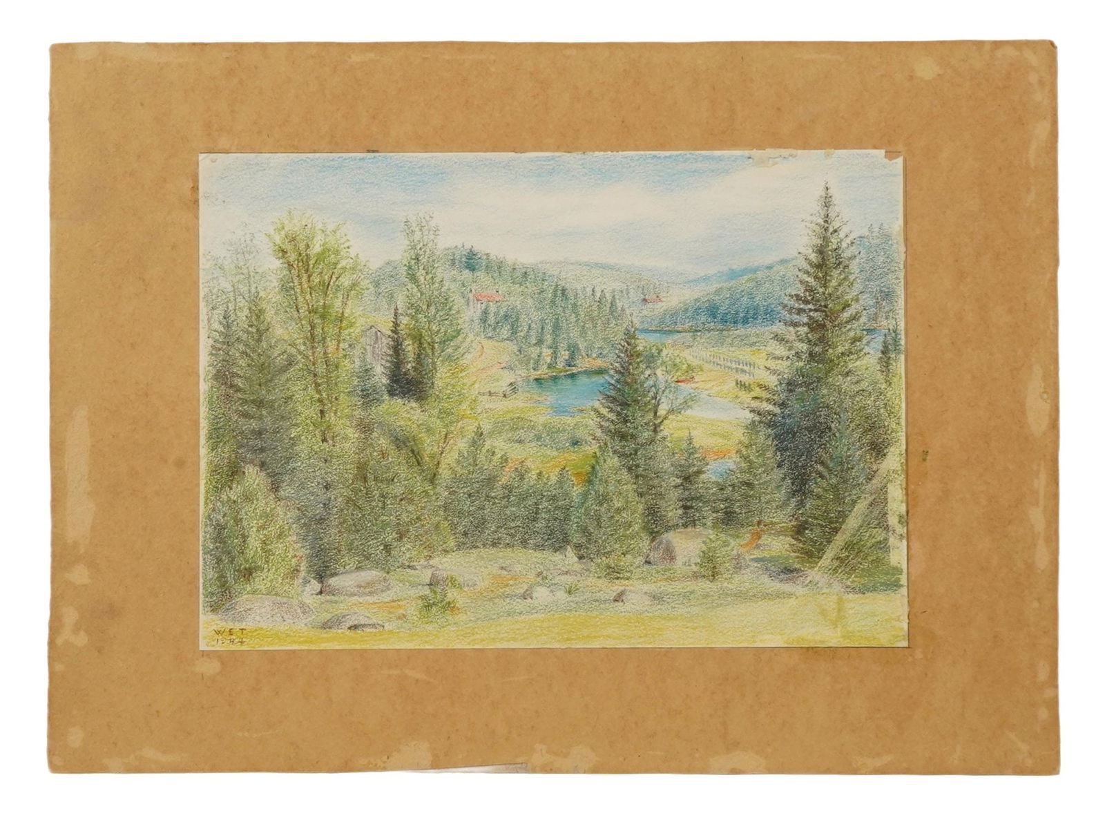 MID CENTURY LANDSCAPE PASTEL PAINTING SIGNED: Oil pastel on paper drawing. Lake valley panorama. Signed with initials WET and dated 1944 in the lower left. Mounted on board. Presumably American or Canadian. Collectible Graphic Art, Nature Landsca