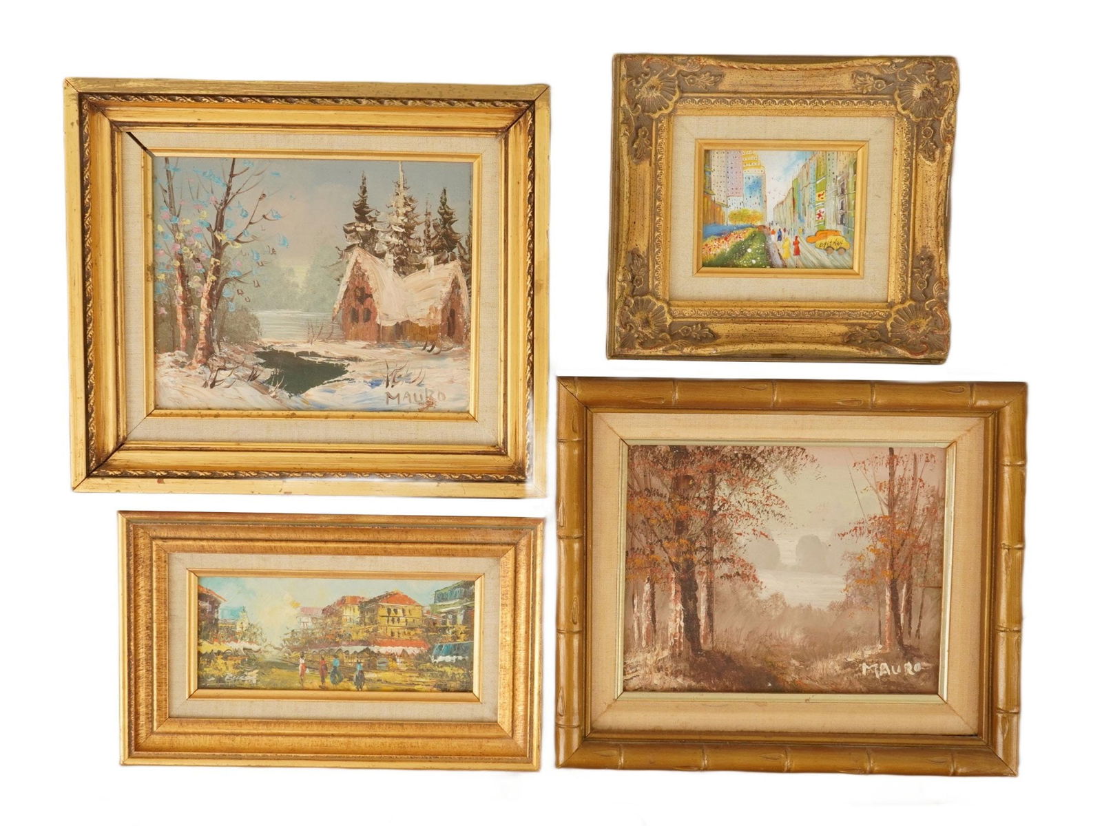 VTG LANDSCAPE PAINTINGS SIGNED MAURO PITNEY BUSSO: A lot of 4 vintage paintings. Two winter landscape oil paintings on board, signed Mauro in the lower right. Cityscape panorama oil painting on board, signed Busso in the lower left. Street view citysc