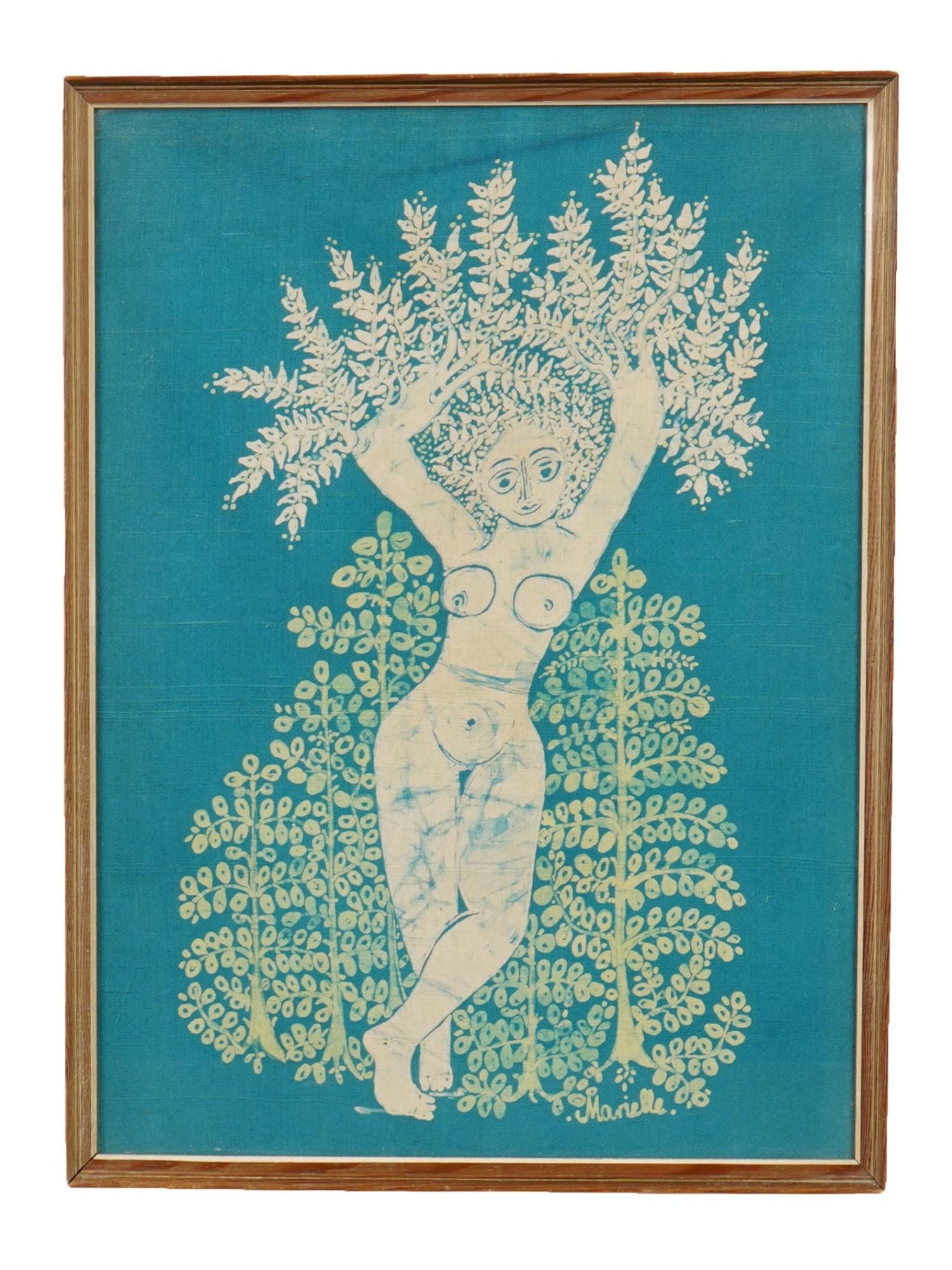 MODERNIST FIGURATIVE NUDE MIXED MEDIA PAINTING SIGNED: A Modernist mixed media painting on fabric depicting a Figurative composition with a female nude figure and trees. Signed by the artist, probably Marielle, lower right. Framed. Modernist and Contempor
