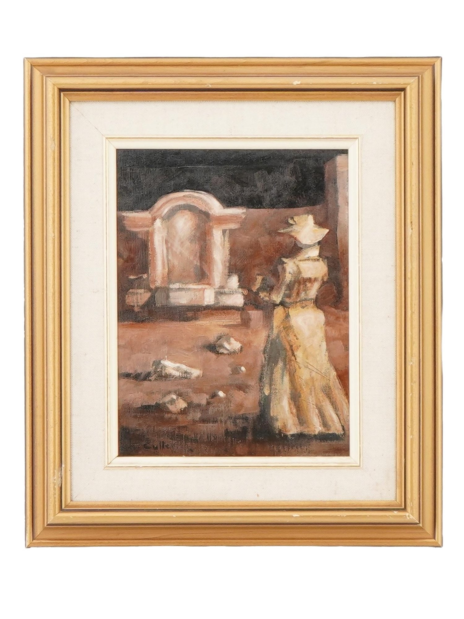 MODERNIST SCENE OIL PAINTING FRAMED: An oil painting on canvas mounted on board depicting a genre scene with a lady. Signed lower left. Framed. Additionally, it is inscribed on the backside. Modernist and Contemporary, Fine Art, Genre Sc