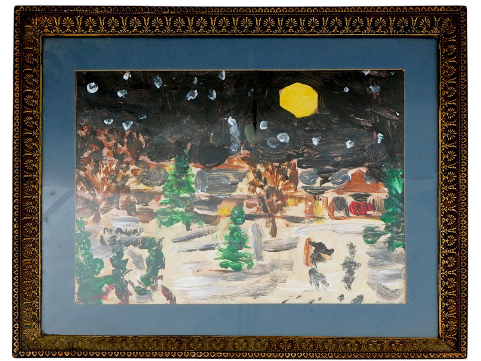 VINTAGE ABSTRACT LANDSCAPE FOLK ART OIL PAINTING: An oil on paper painting depicting a night landscape in an abstract folk art style, signed lower left and additionally signed verso. Matted and framed. Inscribed on the back side. Circa the mid 20th c