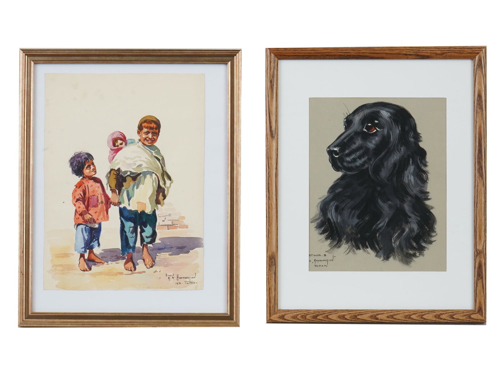 RA HAYRAPETIAN PORTRAIT WATERCOLOR PAINTINGS: A pair of watercolor on paper paintings by R.A. Avak Hayrapetian, 1926 to 2008, an Armenian-Iranian artist. He was a founder of Studio Demon, a small atelier supporting painters through the production