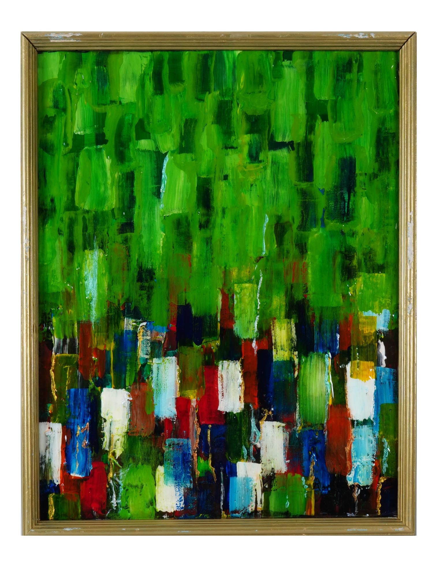 LATE 20TH CEN ABSTRACT ACRYLIC PAINTING: An acrylic on canvas painting depicting an abstract expressionist composition in a green color palette. Signed in the lower right. Housed in a gilt wooden frame. Collectible Modernist Fine Art.