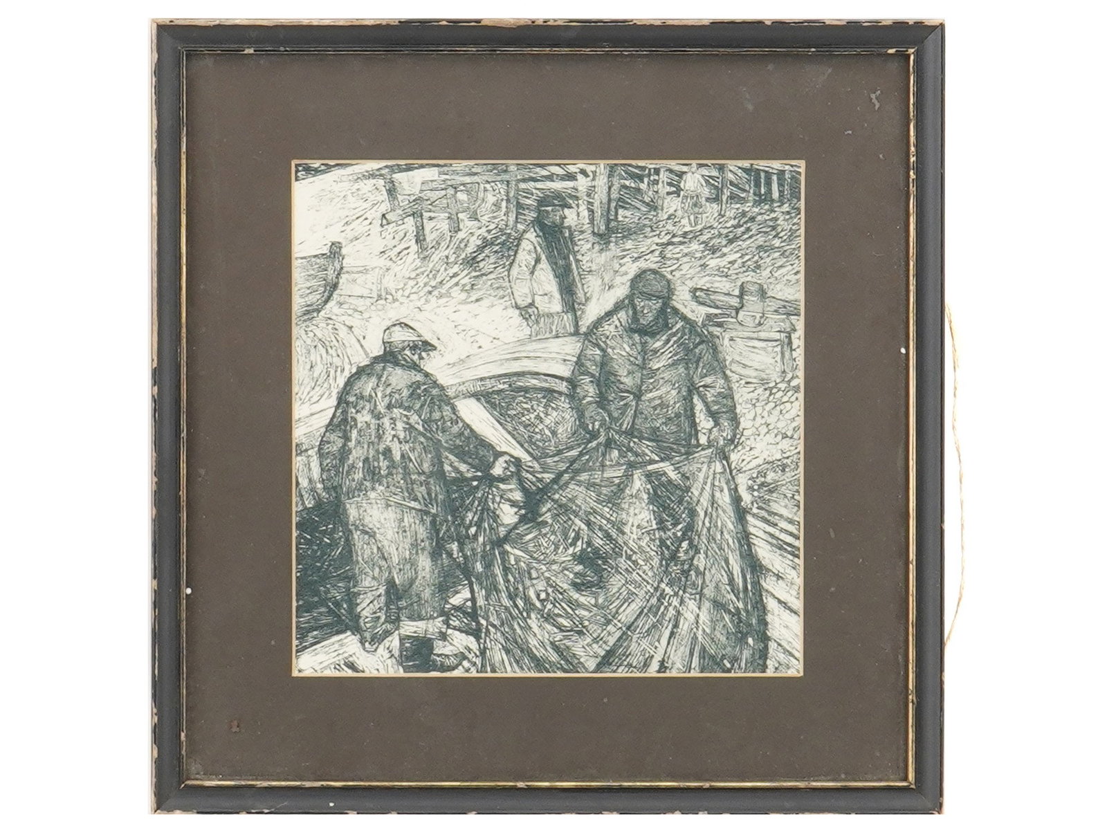 LATE 20TH CEN ETCHING PRINT DEPICTING FISHERMEN: An etching on paper depicting a genre scene with fishermen. Matted and framed. Inscribed on the backside. Graphic Art Prints and Collectibles. THIS LOT IS ELIGIBLE FOR A 30-DAY UNCONDITIONAL R