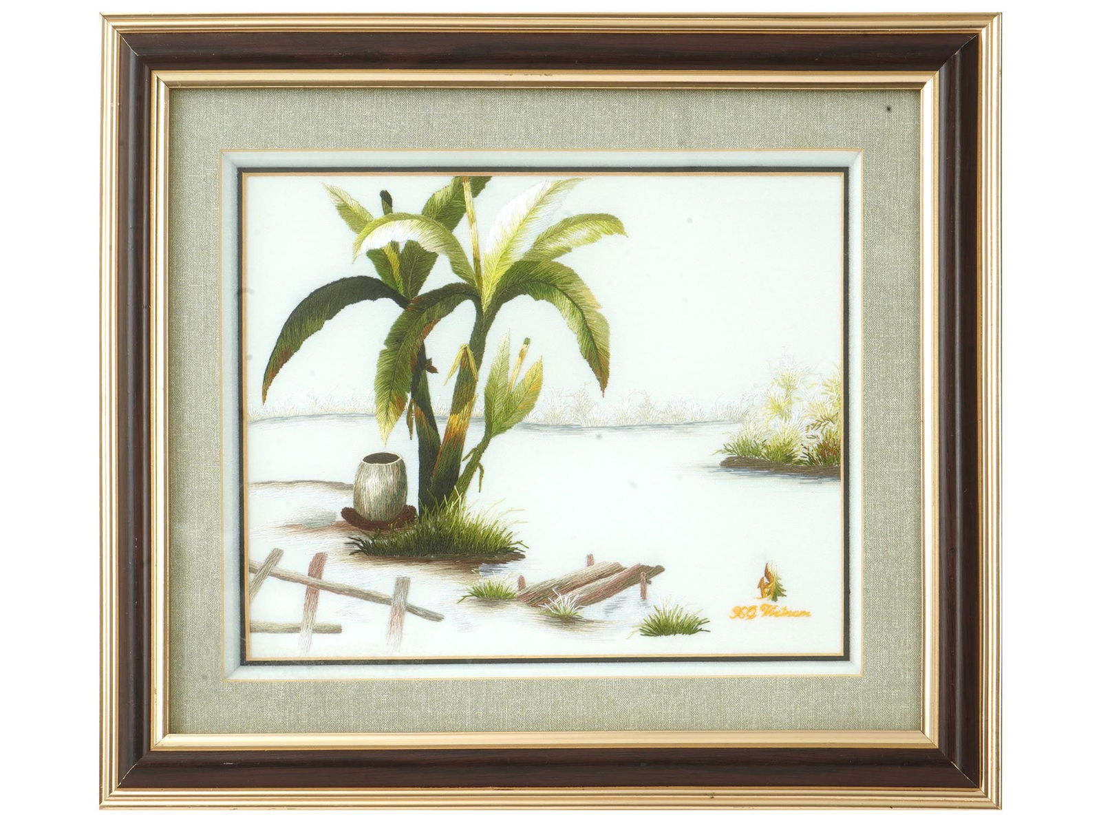 VINTAGE VIETNAMESE EMBROIDERED ON SILK ARTWORK: A vintage Vietnamese hand embroidered artwork on silk. The piece features some palm trees and the consequences of a flood. The intricate embroidery is done in vibrant colors on a white silk fabric. Si