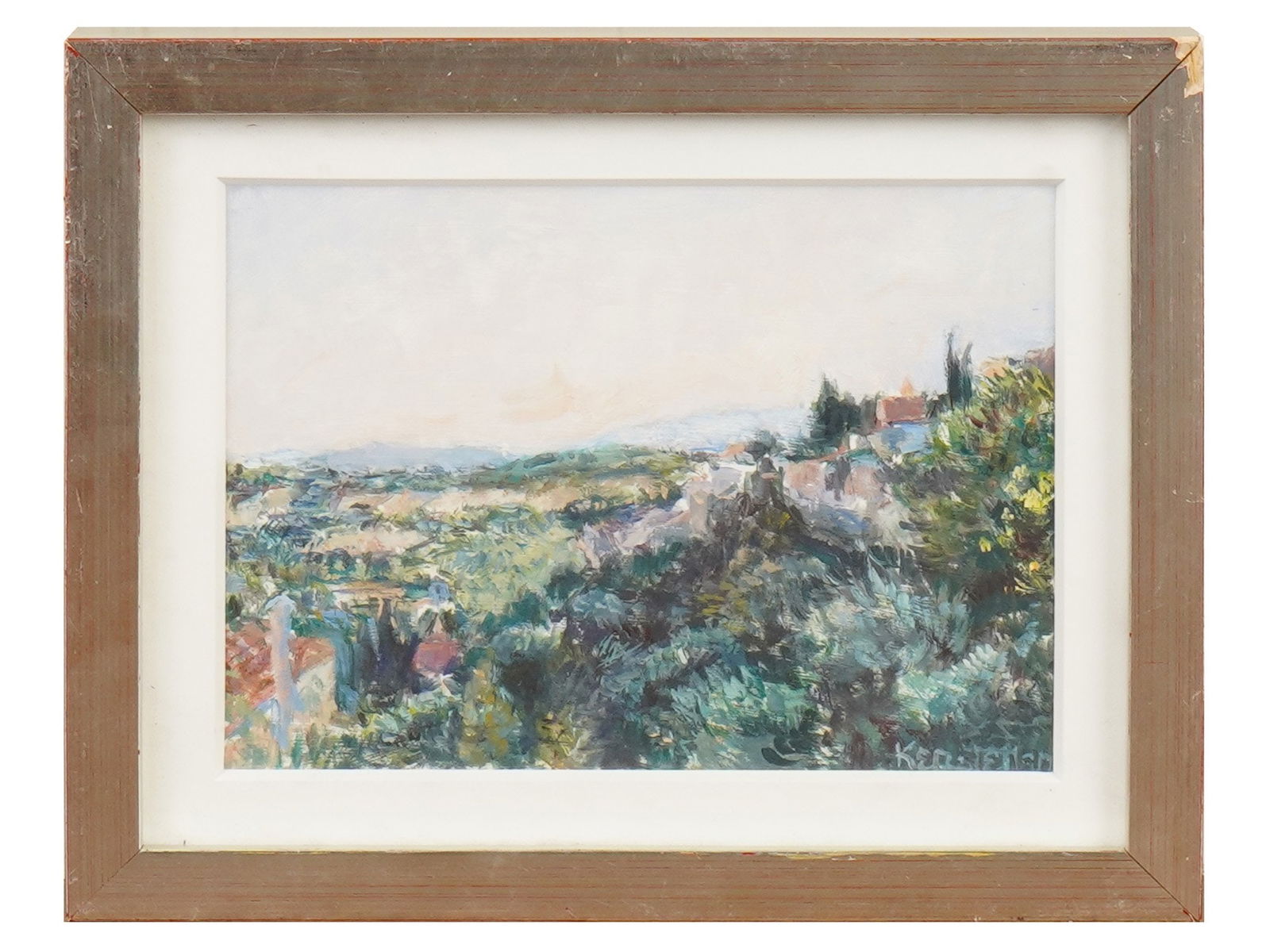 EUROPEAN LANDSCAPE OIL PAINTING SIGNED BY KERSTEN: A European School oil painting on board depicting a landscape in the Post Impressionist manner. Signed by the artist, Kersten, and probably dated 80, lower right. Framed. Modernist Fine Art, Landscape
