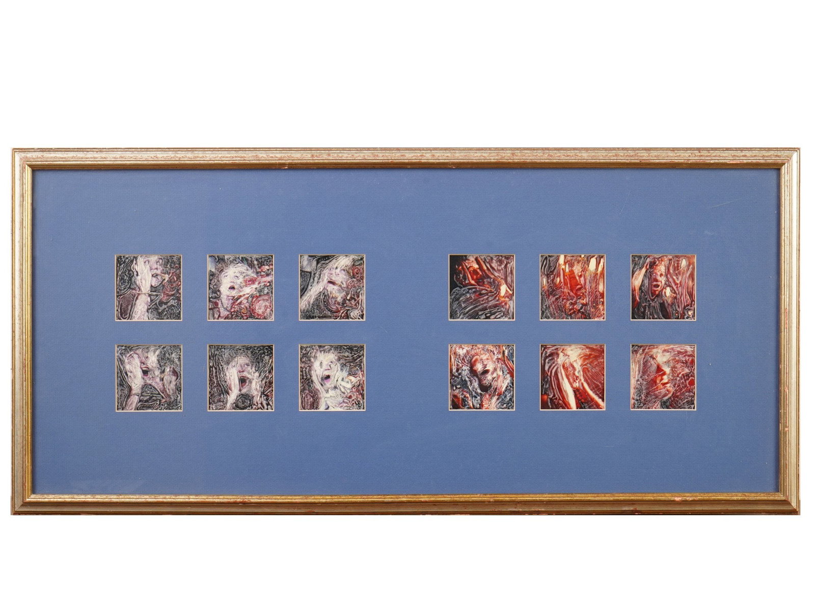 AMERICAN MIXED MEDIA PAINTINGS HOLOCAUST SERIES: Twelve small mixed-media paintings presented together in a polyptych-style format. Depicting anguished and distorted faces that evoke the suffering of Holocaust victims. Inscribed on verso Holocaust S