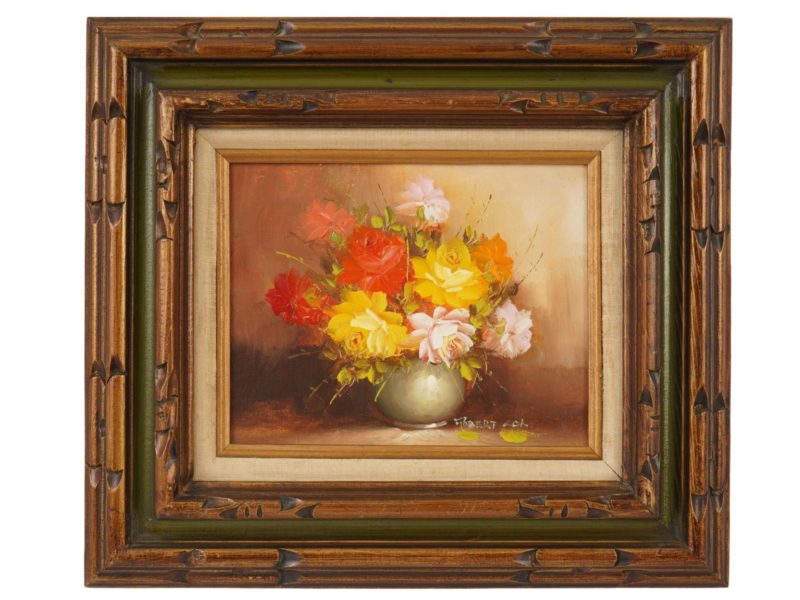 AMERICAN FLORAL STILL LIFE OIL PAINTING BY ROBERT COX: Robert Cox, American, 1934 to 2001, an oil painting on board depicting a still life with flowers. Signed lower right. Framed. Robert Cox is an American artist, known for still life flower painting, gr