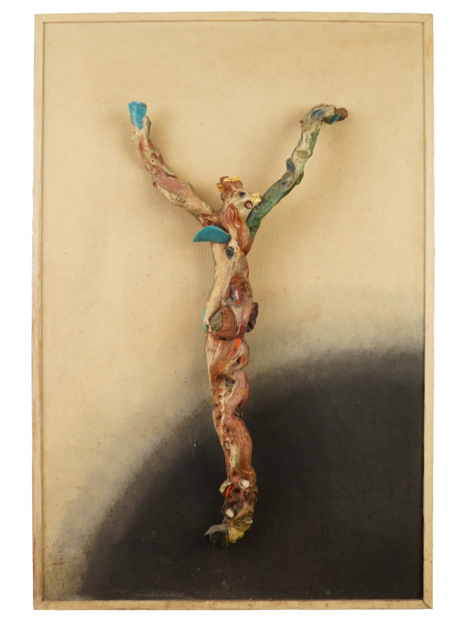 MODERN WOOD COLLAGE BY EUGENE CIUCA CHRIST OF BELFAST: A wood collage titled Christ of Belfast by Romanian-American artist Eugene Ciuca, 1913 to 2005. The figure of Christ is executed in painted wood applied to a framed masonite board. The artwork reflect