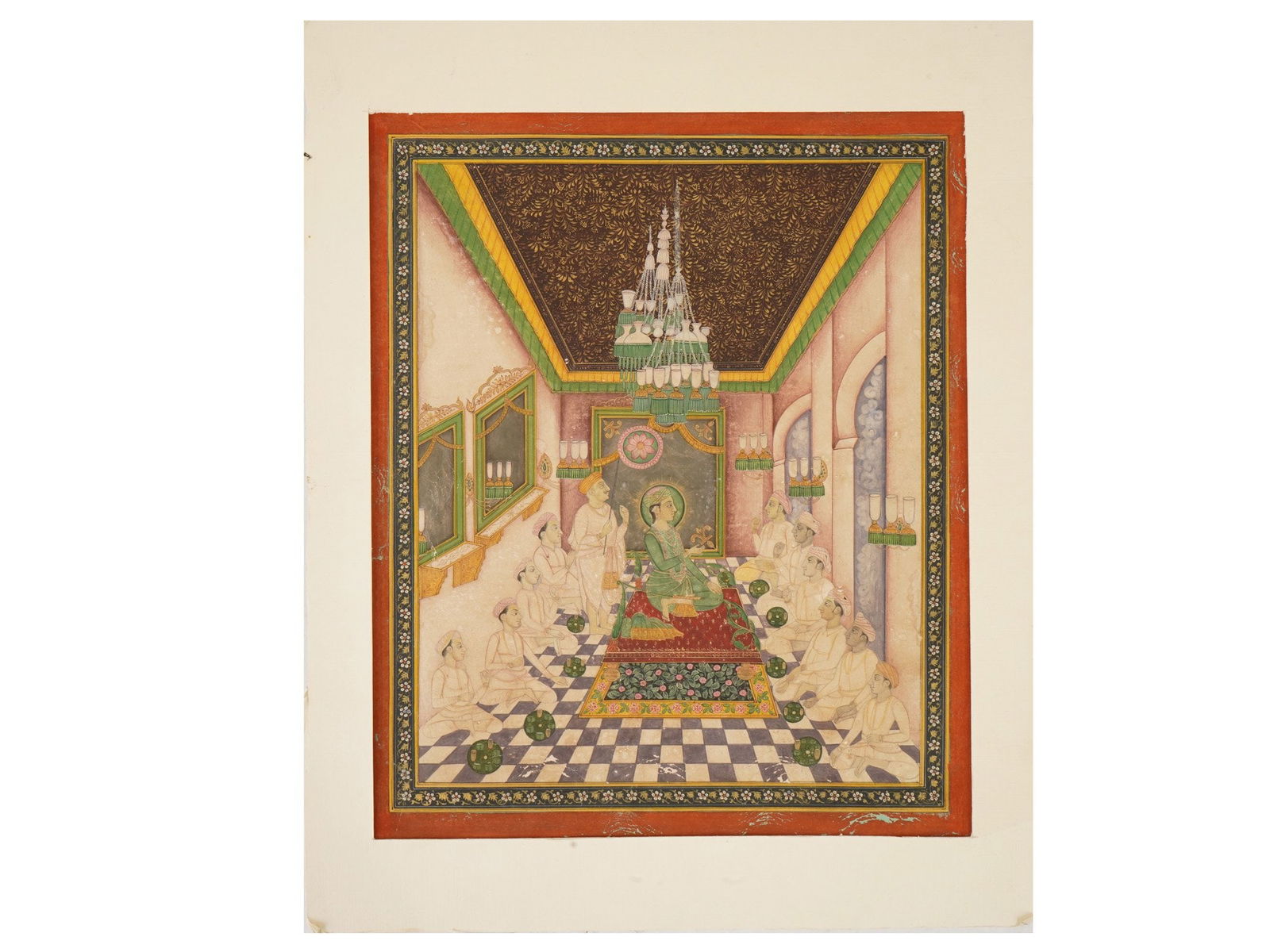 INDIAN COMPANY SCHOOL MAHARAJA MINIATURE PAINTING: An Indian Company School mixed media miniature painting on paper depicting the Maharaja during the darbar of an official reception. It is a classic example of Indian painting. The miniature depicts th
