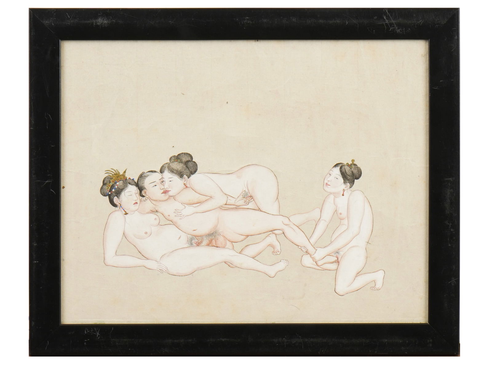 CHINESE EROTIC GENRE SCENE MIXED MEDIA PAINTING: A Chinese mixed media painting on paper depicting an interior erotic genre scene. Such works were often created in album format, consisting of several sheets, executed in ink and paint on silk or pape