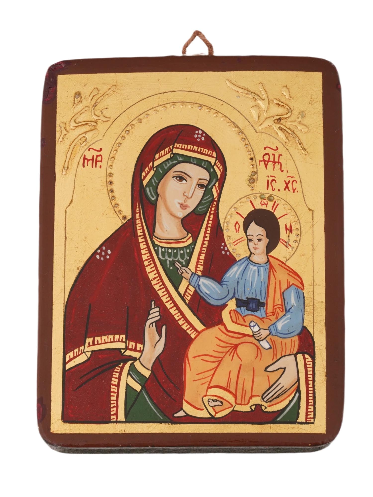 RUSSIAN ORTHODOX ICON OF SEVEN LAKES MOTHER OF GOD: A Russian Orthodox hand painted travel icon of the Mother of God, known as the Seven Lakes Mother of God. The upper register bears an inscription in Church Slavonic. This revered icon, venerated as mi