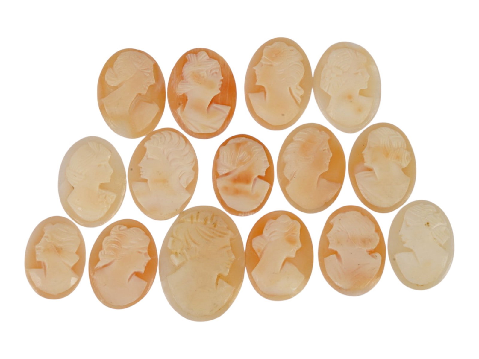 COLLECTION OF CARVED SHELL CAMEOS W FEMALE PORTRAITS: A collection of 15 carved shell cameos featuring high-relief female portraits, executed in a traditional classical style associated with Victorian-era jewelry. The loose unmounted pieces display detai