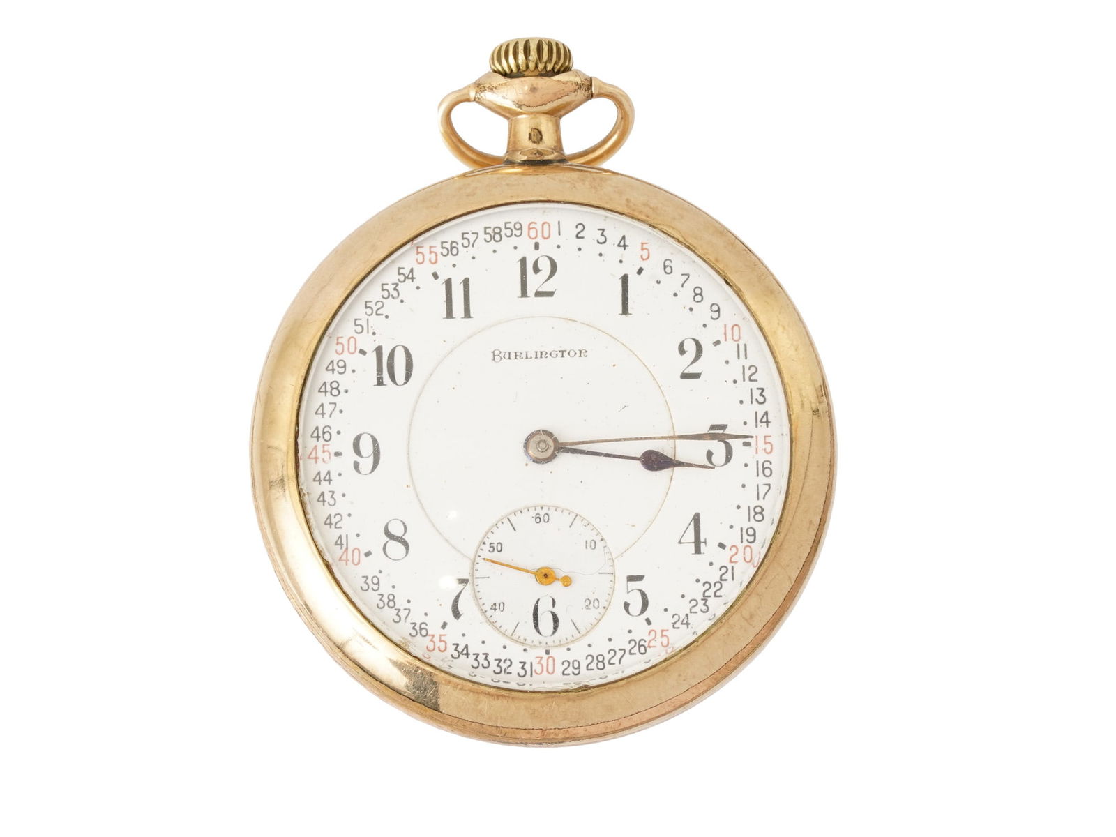 ANTIQUE RAILROAD POCKET WATCH IN GOLD FILLED CASE: An antique Burlington Special Railroad Grade pocket watch, dating from approximately 1910 to 1925. Produced for the Burlington Watch Company by the Illinois Watch Company of Springfield, Illinois. Des