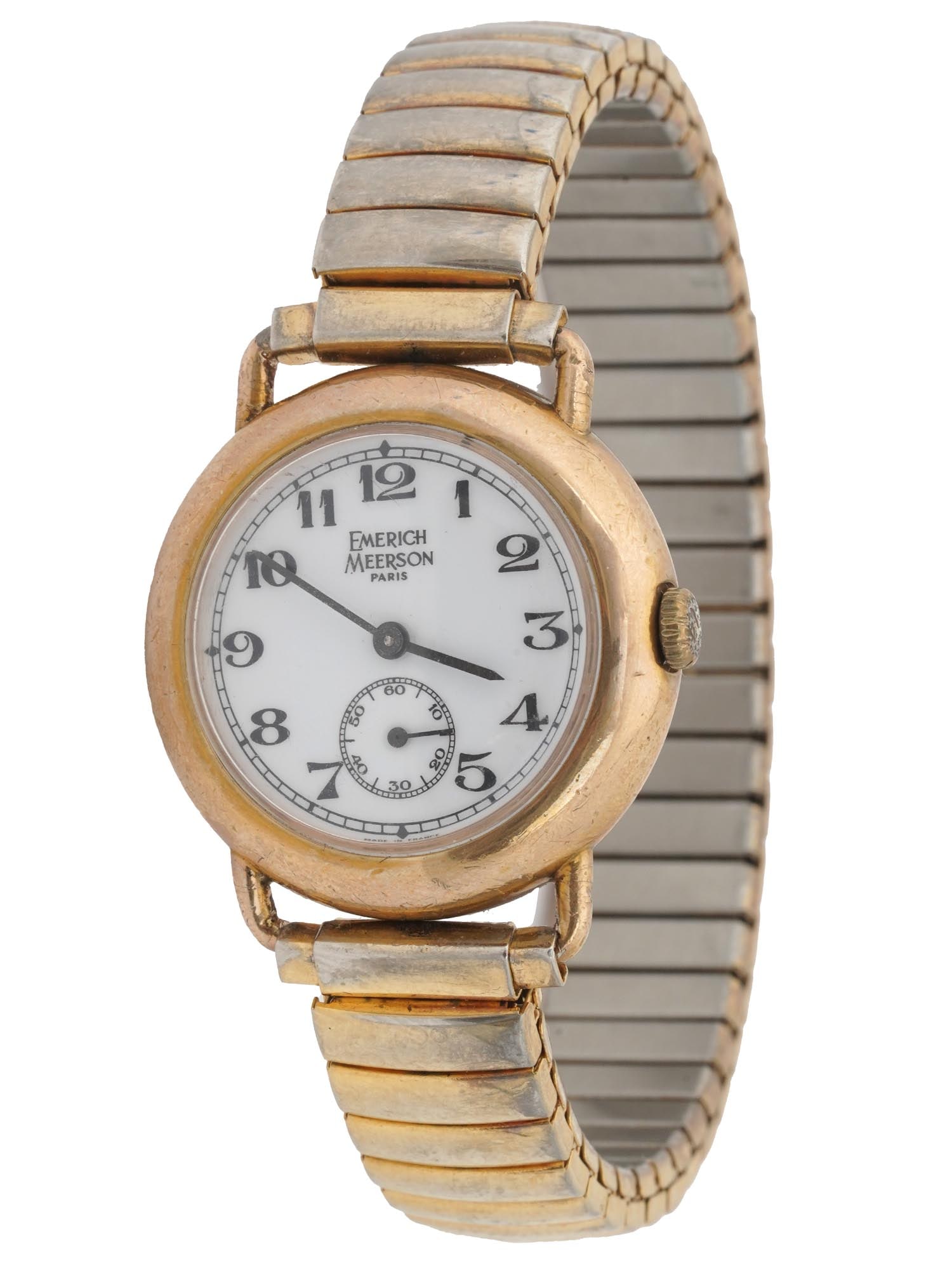 EMERICH MEERSON PARIS STAINLESS STEEL WRIST WATCH: A French Emerich Meerson Paris ladies wrist watch. A white enameled dial with black numerals and hands. Marked with a brand logo on the front, Made in France, Stainless Steel Back, and a brand logo ma