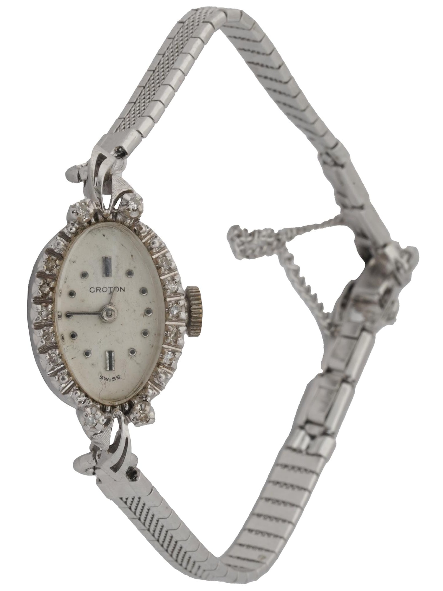 14K WHITE GOLD DIAMONDS CROTON LADIES WRIST WATCH: A 14K White Gold Croton ladies wrist watch. Swiss made. A white enameled dial with numerals made of faux gem stones and silver tone hands. The wrist watch is encrusted with diamonds. The bracelet is