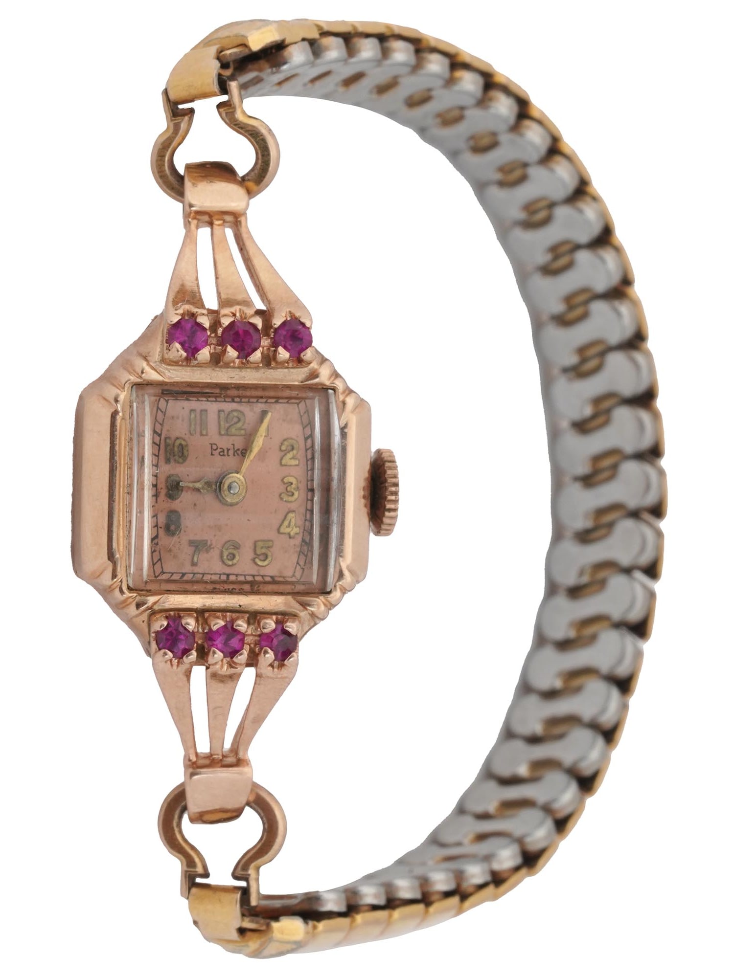 14K ROSE GOLD PARKER LADIES JEWELRY WRIST WATCH: A 14K Rose Gold Parker ladies wrist watch. A pink enameled dial with gold tone numerals and hands. The bracelet is made in a link design. The wrist watch is encrusted with gem stones. Marked with a br