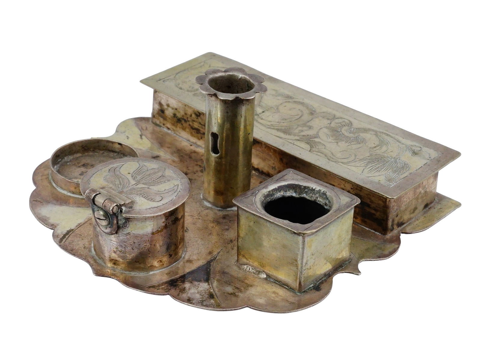 ANTIQUE SILVER INKSTAND WITH MULTIPLE COMPARTMENTS: An antique silver inkstand, featuring a desk accessory used for writing. The piece features multiple compartments designed to hold glass inkwells, along with a central holder for quills or dip pens. A