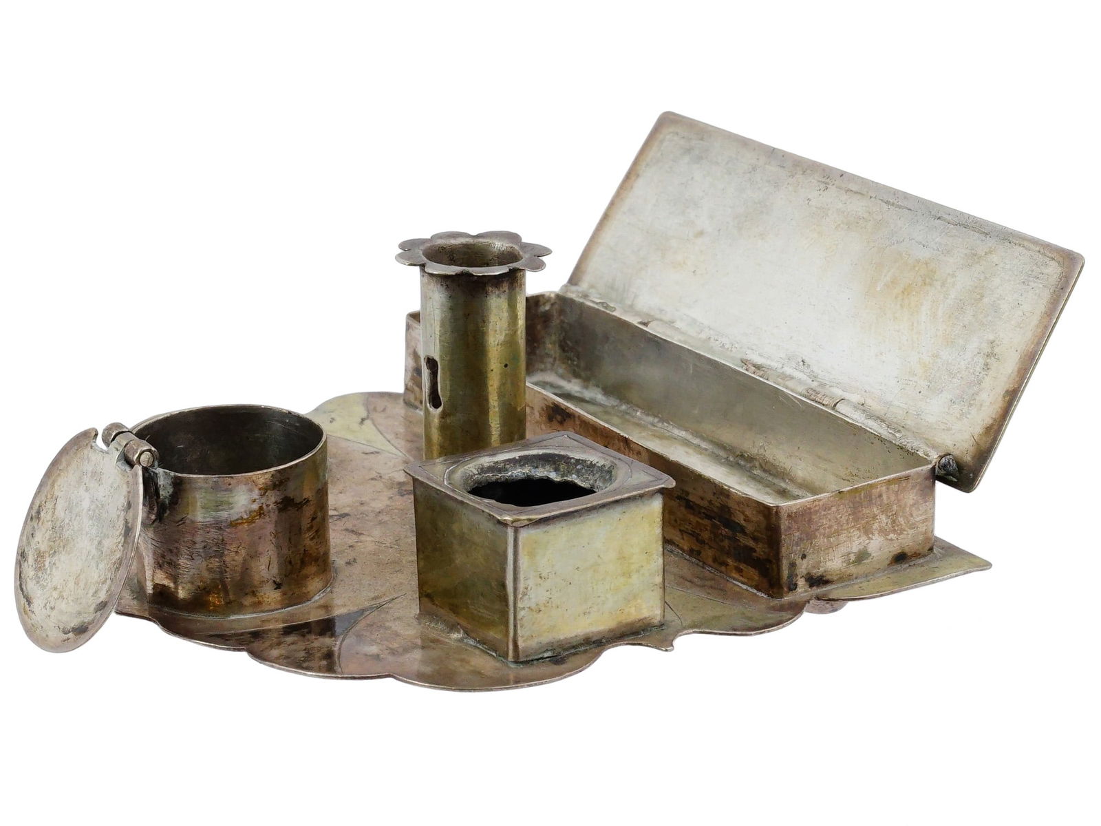 ANTIQUE SILVER INKSTAND WITH MULTIPLE COMPARTMENTS - 2