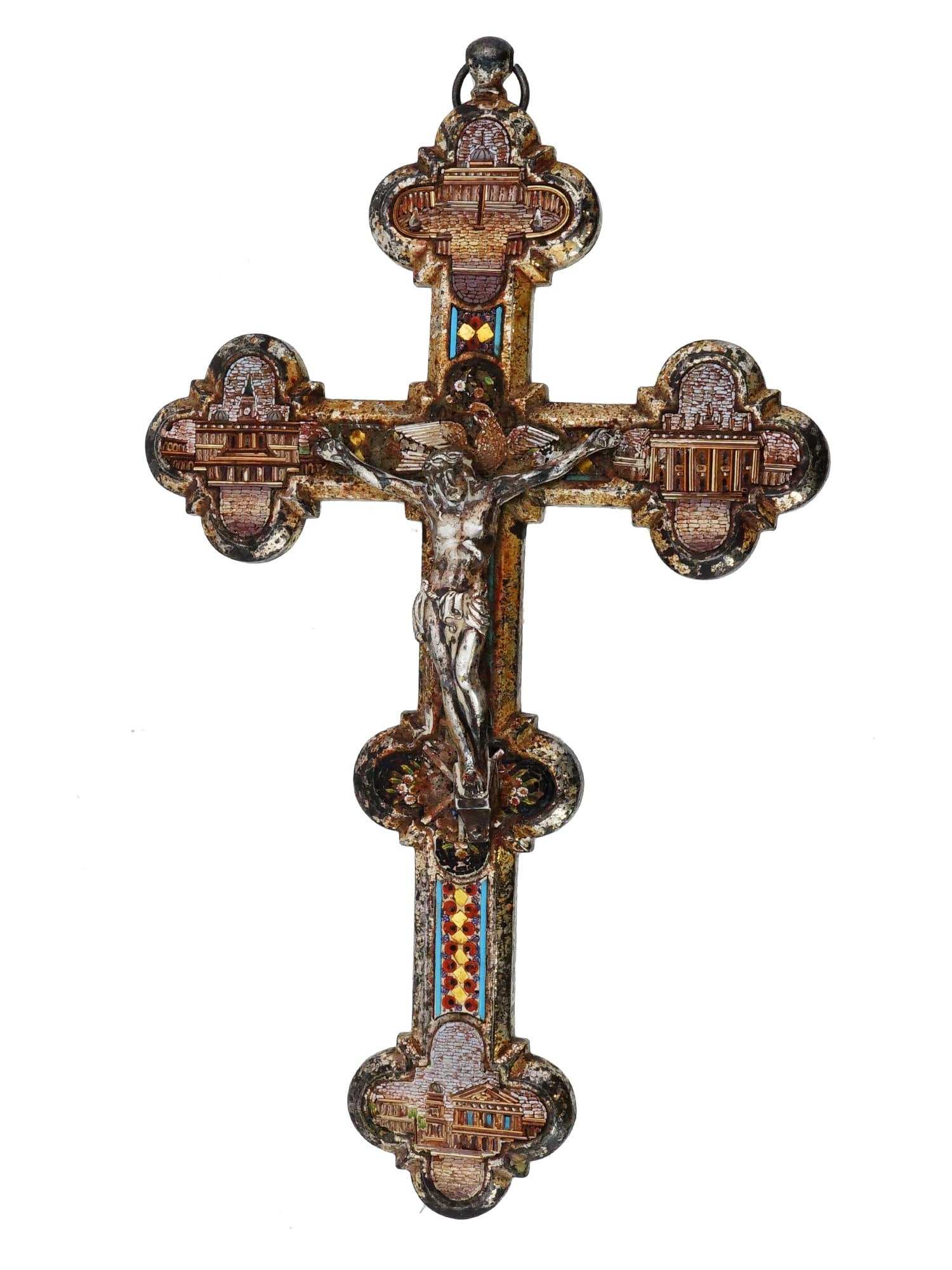 ANTIQUE ITALIAN SILVER PLATED CROSS W MICRO MOSAICS: An antique Italian silver-plated crucifix cross adorned with micro mosaics, dating to the late 19th century. The cross terminals are decorated with finely set tesserae, depicting iconic Roman
