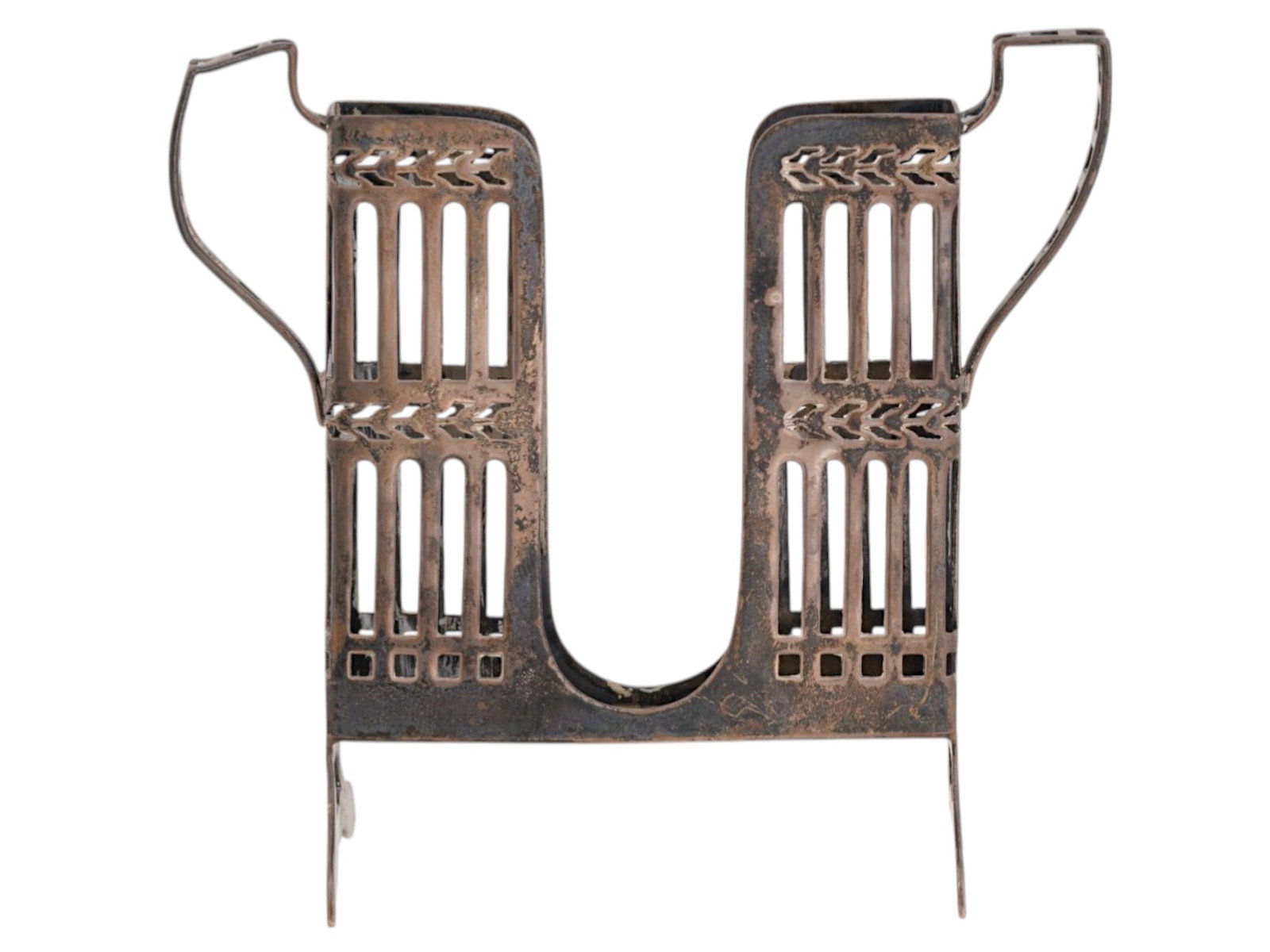 ANTIQUE BRAND CHATILLON CO SILVER CARD HOLDER: An antique American Brand Chatillon Co. sterling silver card holder. Circa early 20th century. The Victorian manner openwork holder with two side handles and a foliate pattern. Raised on four legs. Ma