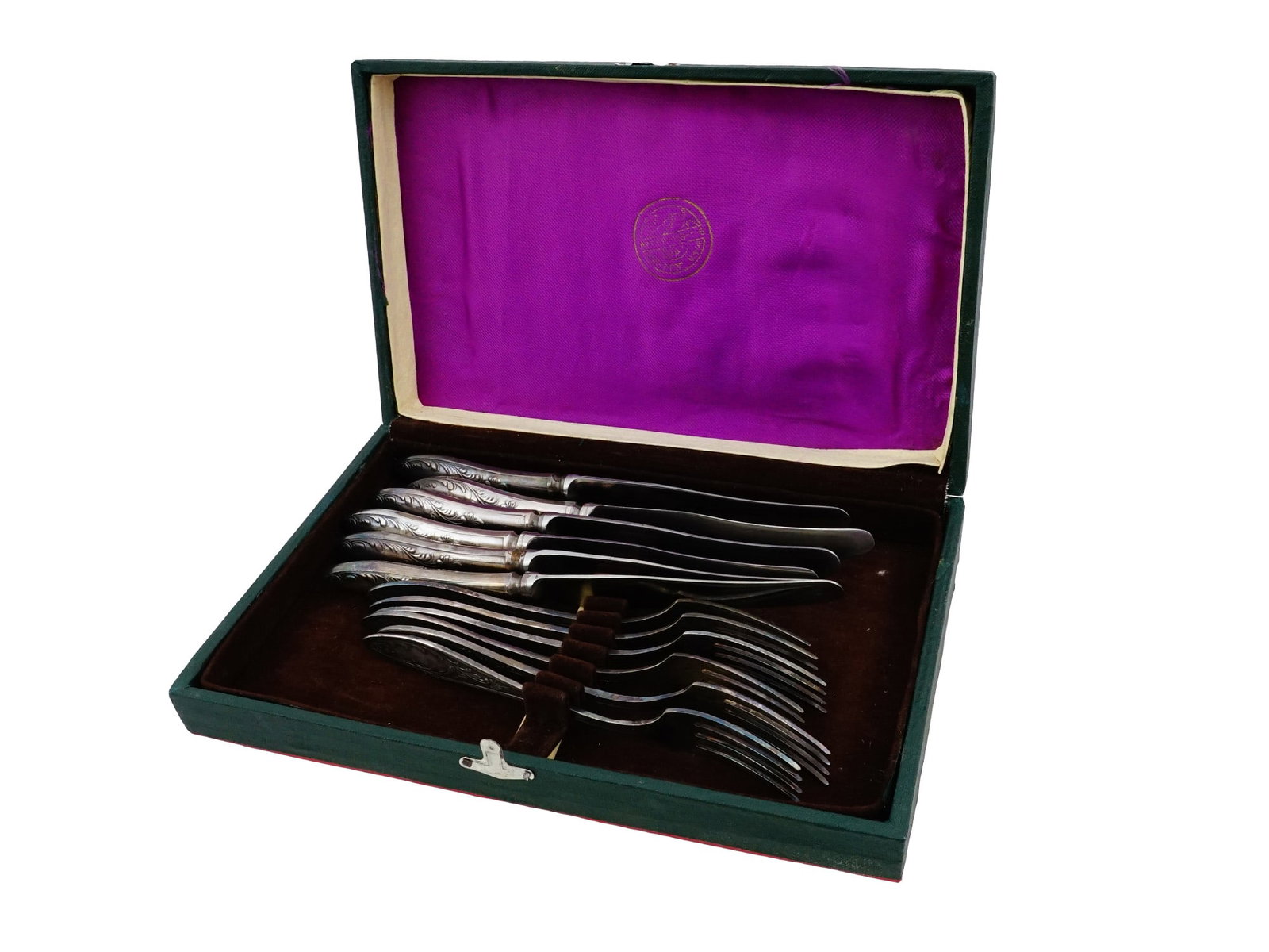 RUSSIAN SOVIET SILVER PLATED KNIVES FORKS SET: A vintage Russian Soviet silver-plated cutlery set, including six dessert knives and six forks, from the Kolchugino Non-Ferrous Metals Plant. Circa 1980s to 1990s. The handles of all pieces in the set