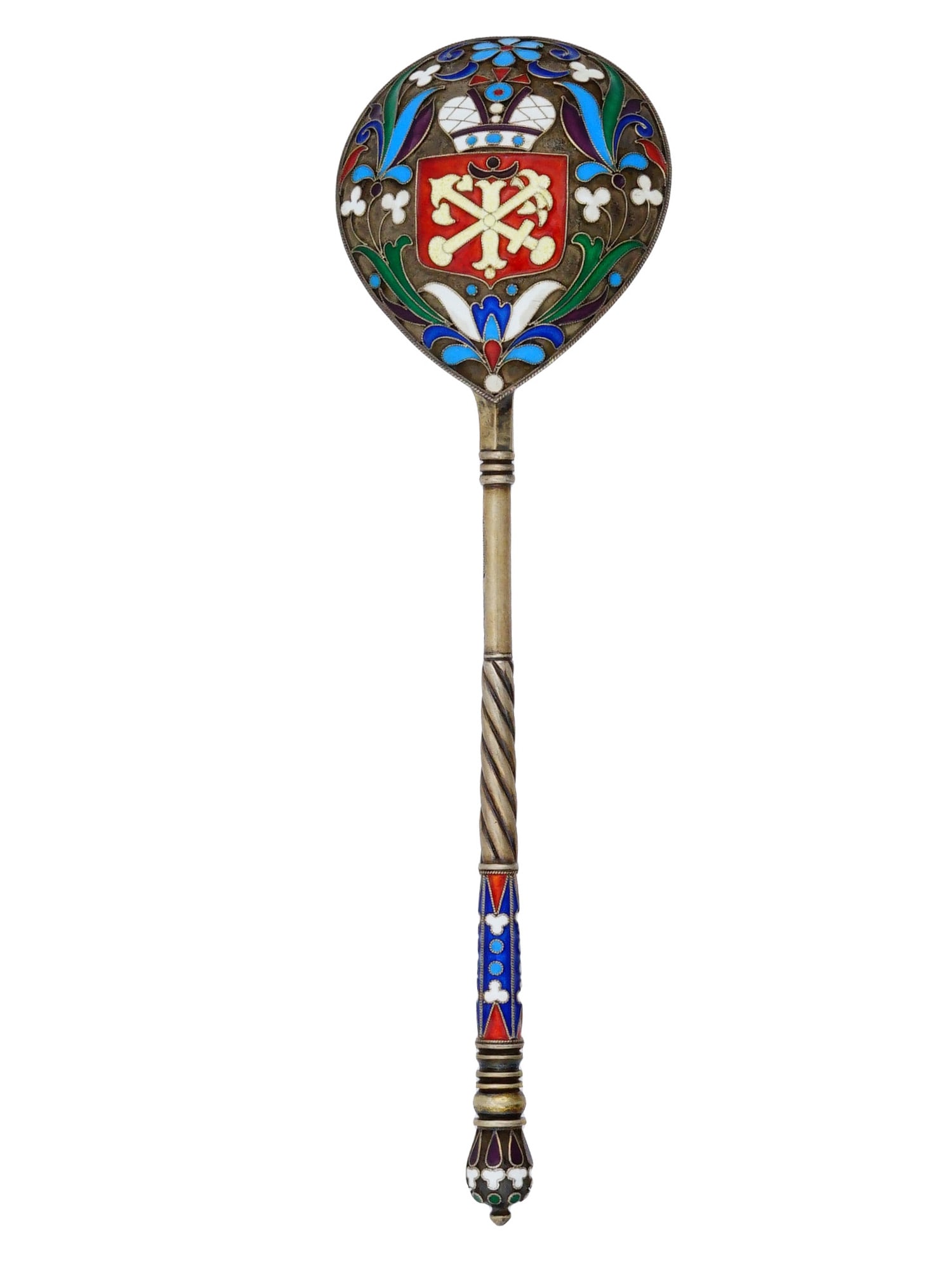 RUSSIAN GILT SILVER CLOISONNE ENAMEL TEA SPOON: A Russian gilt silver spoon features intricate cloisonne enamel work in a traditional polychrome palette of blue, red, green, and white. The reverse of the bowl is decorated with a central geometric m