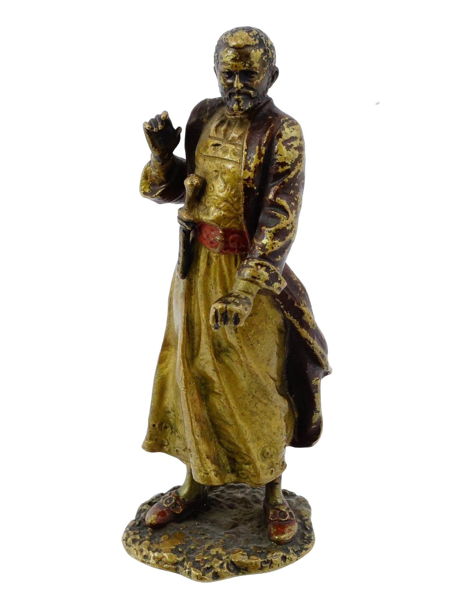 ANTIQUE VIENNA ORIENTAL COLD PAINTED BRONZE SCULPTURE: An antique Vienna cold painted cast bronze sculpture depicting a standing male figure, likely an Arab merchant or tradesman, dressed in traditional layered robes and a turban. The figure is cast with