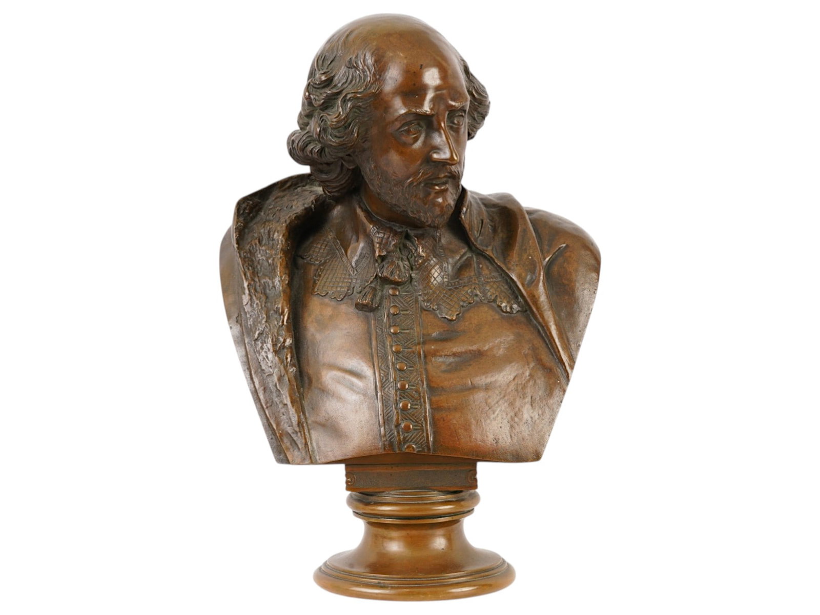 ANTIQUE GERMAN BRONZE BUST OF WILLIAM SHAKESPEARE: An antique bronze bust, depicting William Shakespeare. Cast by Aktien-Gesellschaft Gladenbeck of Berlin, a distinguished German foundry renowned for its high-quality bronze sculpture. Dating to the la