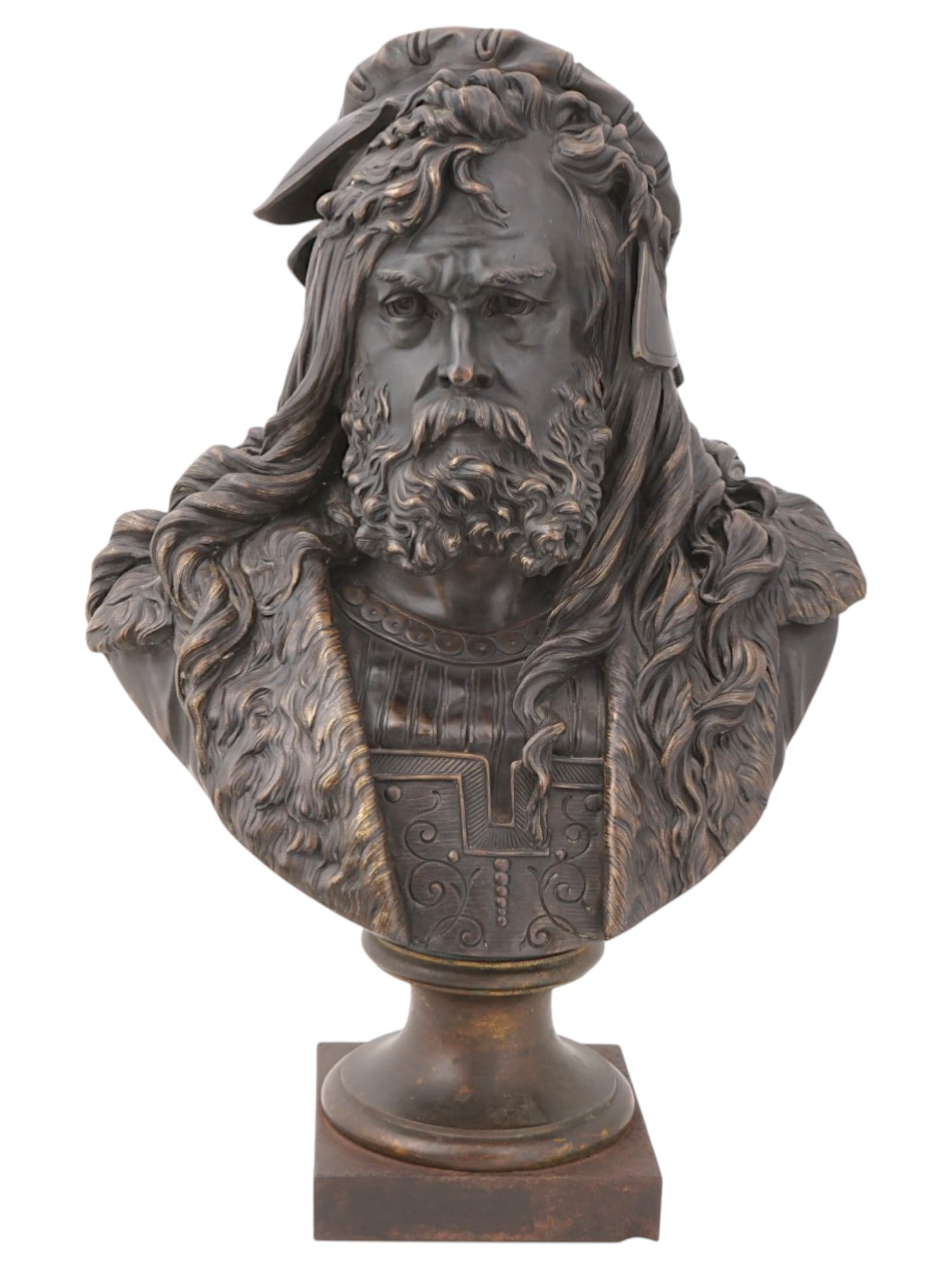 DURER BRONZE SCULPTURE SIGNED ALBERT ERNEST CARRIER: A bronze sculpture depicting a portrait bust of Albrecht Durer signed Albert Ernest Carrier Belleuse, 1824 to 1887, a French academic sculptor, one of the founding members of the Societe Nationale des