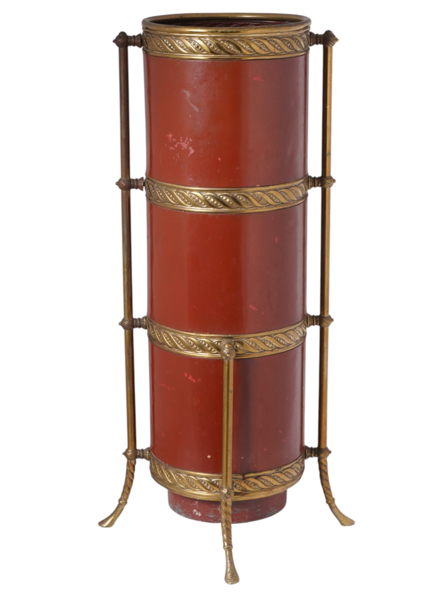 VINTAGE BRASS MOUNTED METAL UMBRELLA STAND: A vintage umbrella stand made of red coated metal with decorative gilt brass elements in the form of rings with a rope pattern. Raised on four figured legs. Umbrella Stands And Home Decor Collectibles