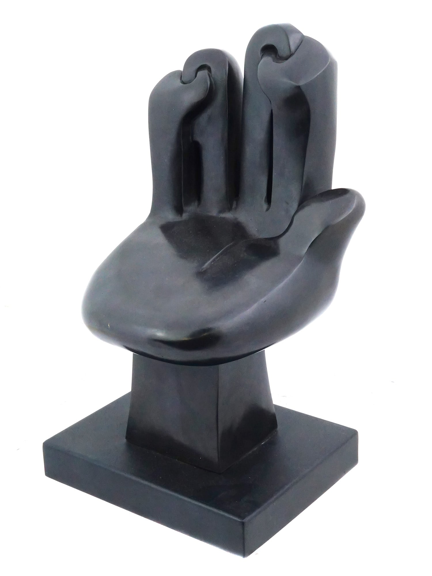 CANADIAN BRUTALIST BRONZE SCULPTURE AFTER SOREL ETROG: Sorel Etrog, 1933 to 2014, a Romanian born Israeli Canadian artist, a limited edition black patinated cast bronze sculpture, Small Chair, Hand. The artwork represents a folded palm with twisted finger