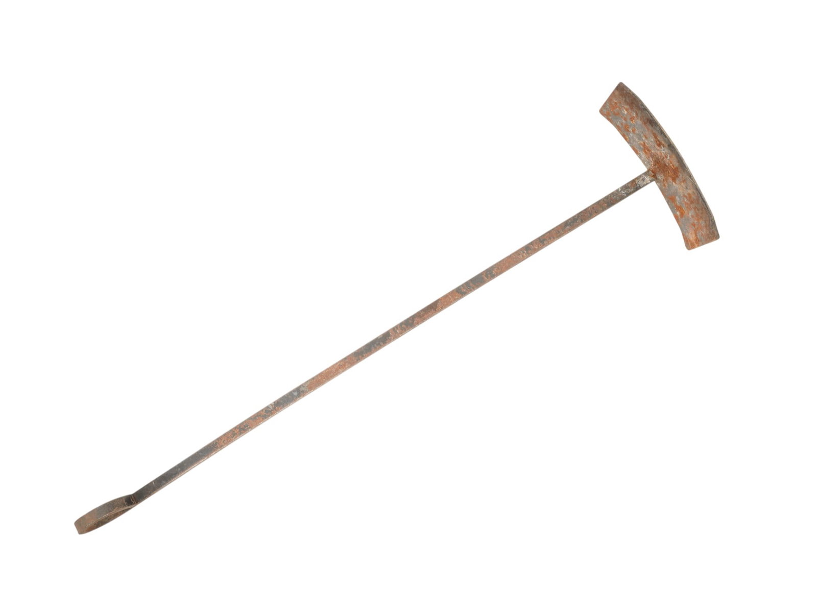ANTIQUE IRON FIREPLACE TOOL: An antique fireplace tool. The elongated object has a thin handle with an inwardly curved ring at the end on one side and a smooth convex plate on the other. Could have been used as a fireplace tool o