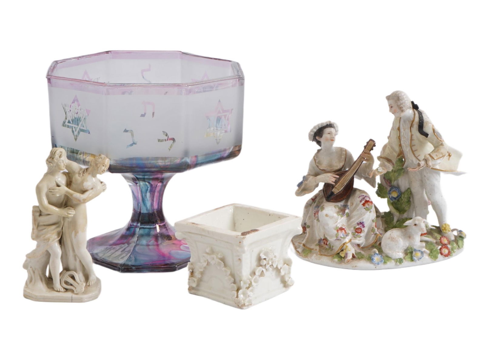 CERAMIC FIGURINES AND JUDAICA GLASS CANDY DISH: A group of ceramic and glass pieces including a Judaica glass candy dish with a Star of David design, hand painted ceramic sculpture depicting a couple with a lamb, white ceramic sculpture depicting