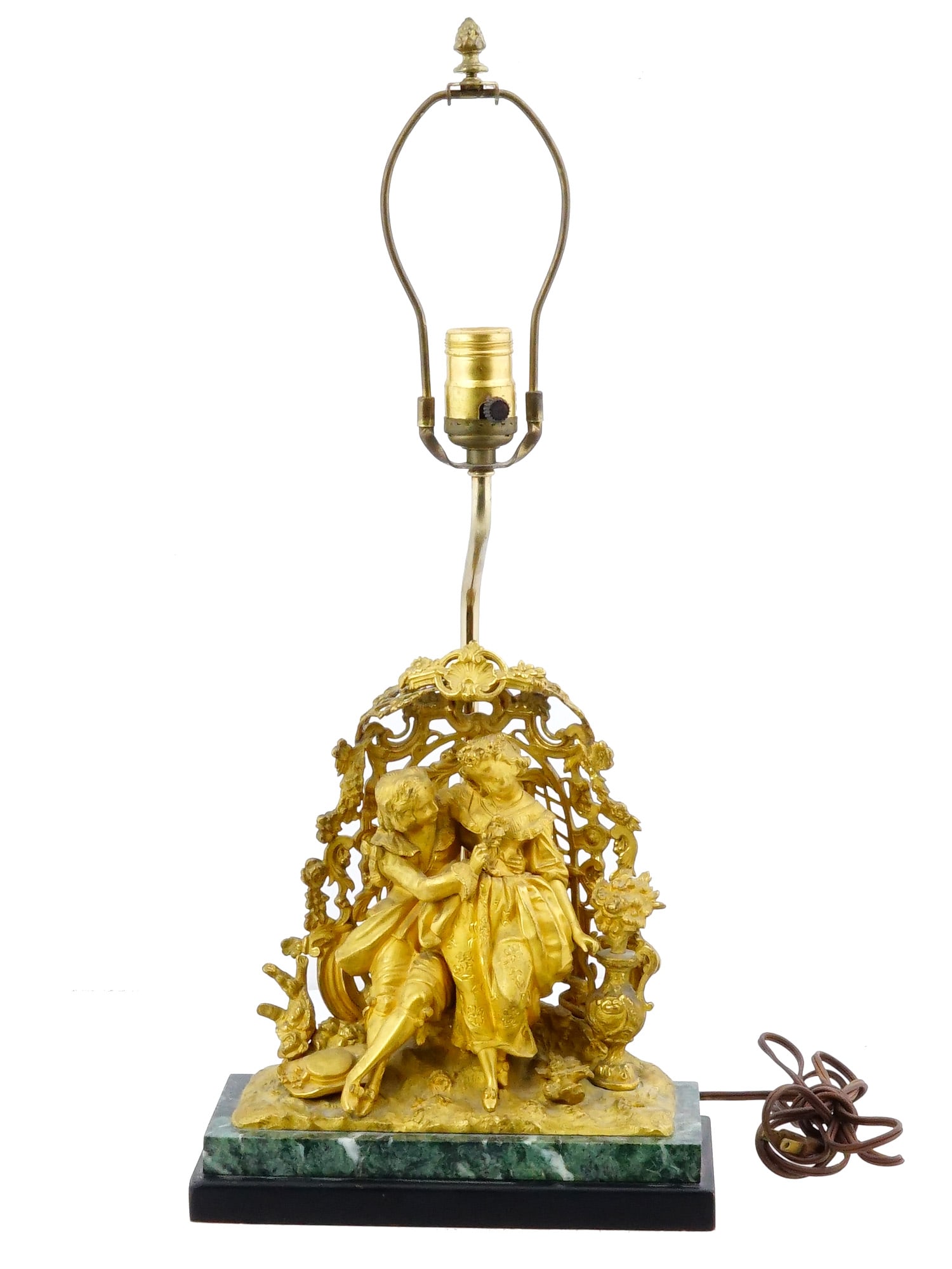 VICTORIAN MANNER BRONZE SCULPTURAL LAMP MARBLE BASE: A European Victorian manner gold patinated bronze sculptural table lamp. Mounted on a green marble base. The body of the lamp is made in a figural design in the Rococo style. The sculptural