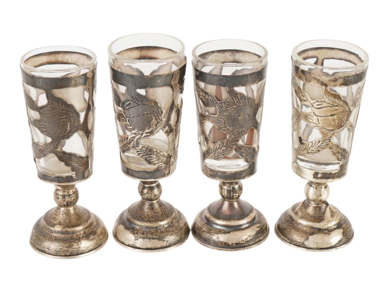 MEXICAN SILVER SET OF SHOT GLASSES W GLASS INSERTS (1 of 8)