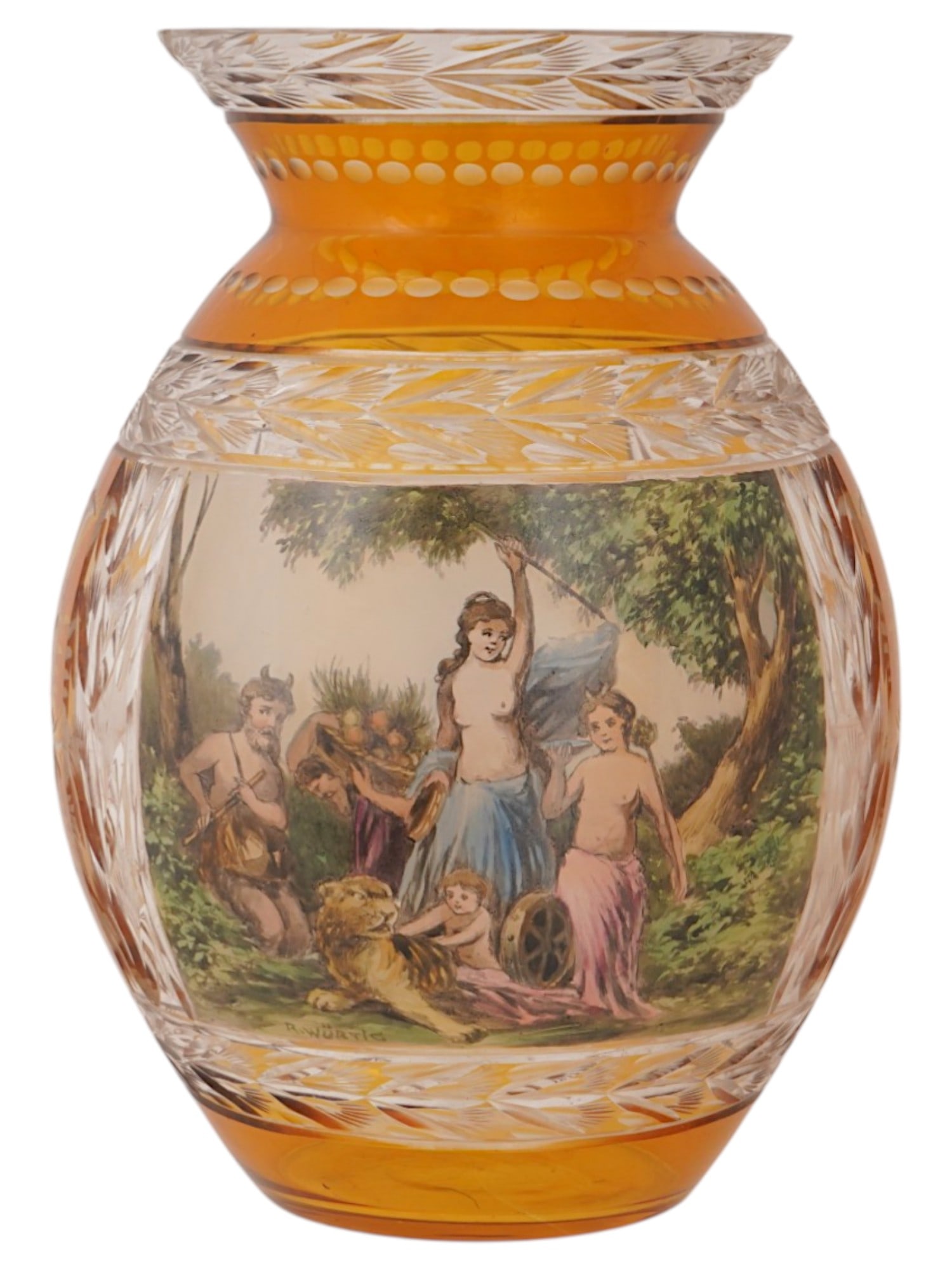 ANTIQUE BOHEMIAN AMBER COLORED GLASS VASE SIGNED: An antique Bohemian amber-colored glass vase, likely dating from the late 19th Century. The vase is made of amber flashed glass, which is clear glass coated with a thin layer of amber-colored glass th