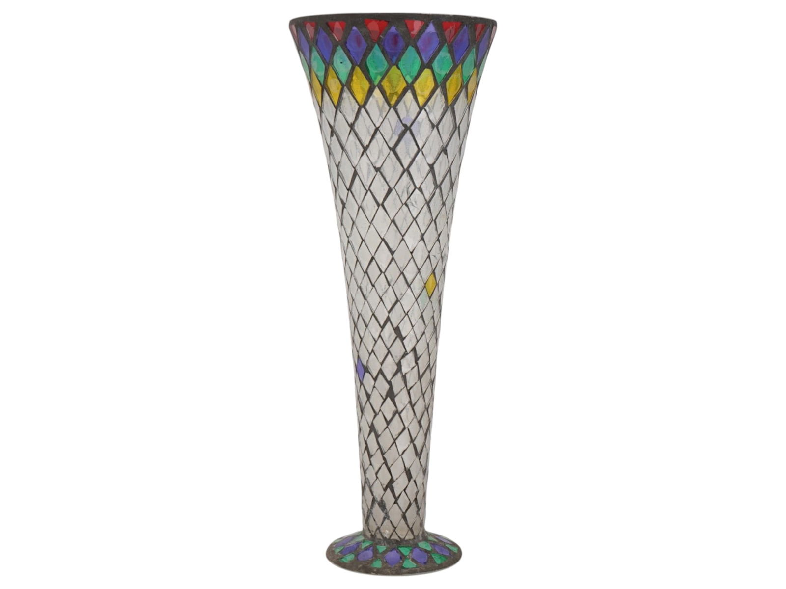 MURANO STYLE TRUMPET SHAPED COLORED GLASS MOSAIC VASE: A tall trumpet shaped glass vase decorated with a mosaic of multicolored and mirrored tiles made in the Murano style. The vase has a slender, flared silhouette called a trumpet or martinka. The main b