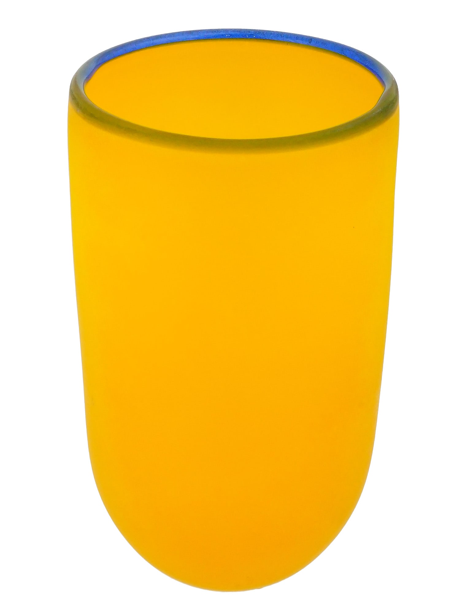 ITALIAN YELLOW ART GLASS VASE BY FRANCO MORETTI: A yellow art glass vase is handcrafted by the renowned Italian glassmaker Franco Moretti. Executed in a vibrant, opaque yellow hue, the piece features a minimalist cylindrical form that tapers slightl