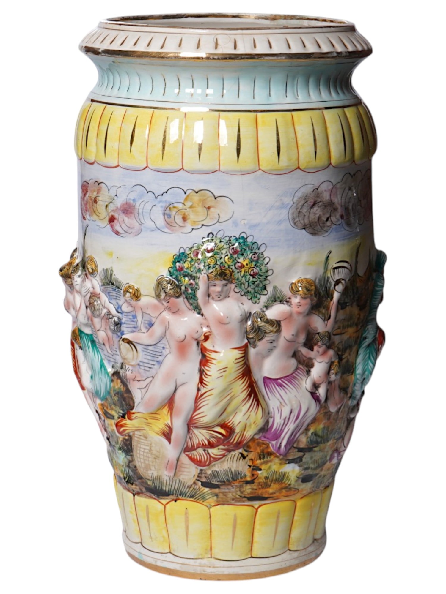 ITALIAN CAPODIMONTE PAINTED PORCELAIN FLOOR VASE: An Italian Capodimonte painted porcelain floor vase. The vase is decorated with relief genre scenes inspired by classical antiquity, featuring nude and semi-nude figures in relief. Gold trim. Italy Ca