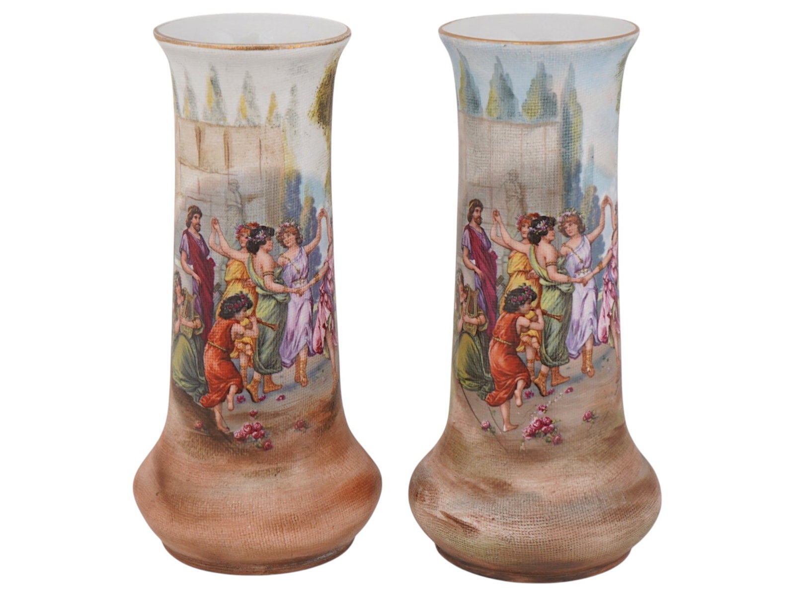 PAIR OF GERMAN G AND H HAND PAINTED PORCELAIN VASES: A pair of antique German G and H porcelain Tapestry vases. These vases are distinguished by their distinctive linen texture, achieved by wrapping the porcelain in fabric before firing. Each vase depic