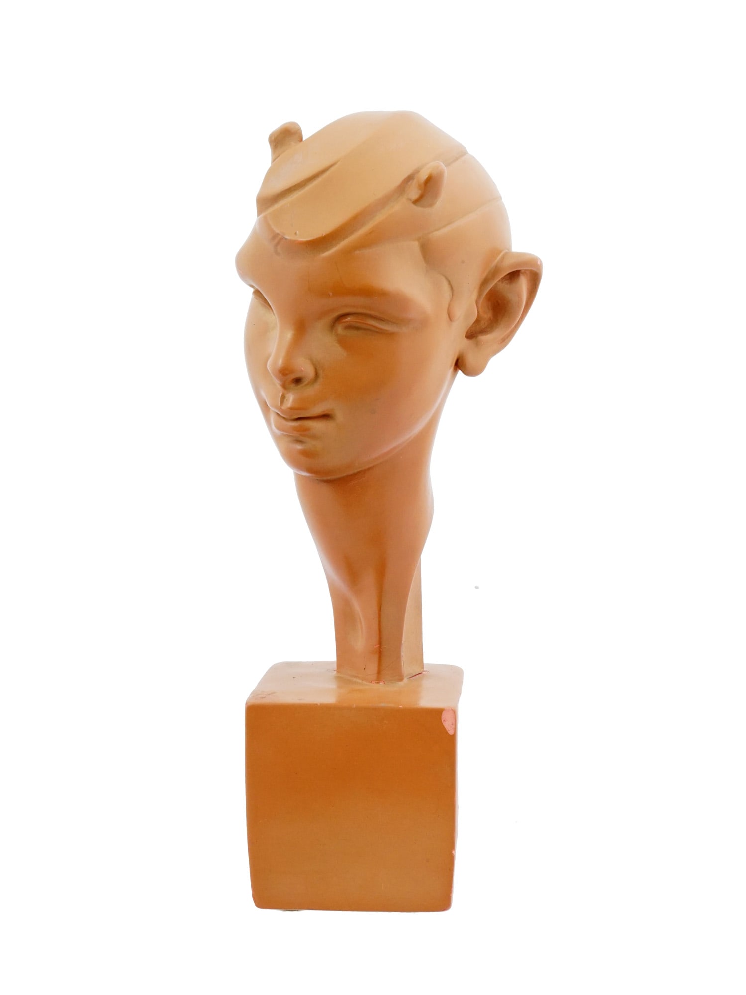 VTG PAINTED TERRACOTTA FAUN BUST SIGNED FRED PRESS: A vintage painted terracotta bust sculpture in the Art Deco style, depicting a Faun with pointed ears and small horns. Signed on the base Fred Press, American, 1919 to 2012. Fred Press was known for h