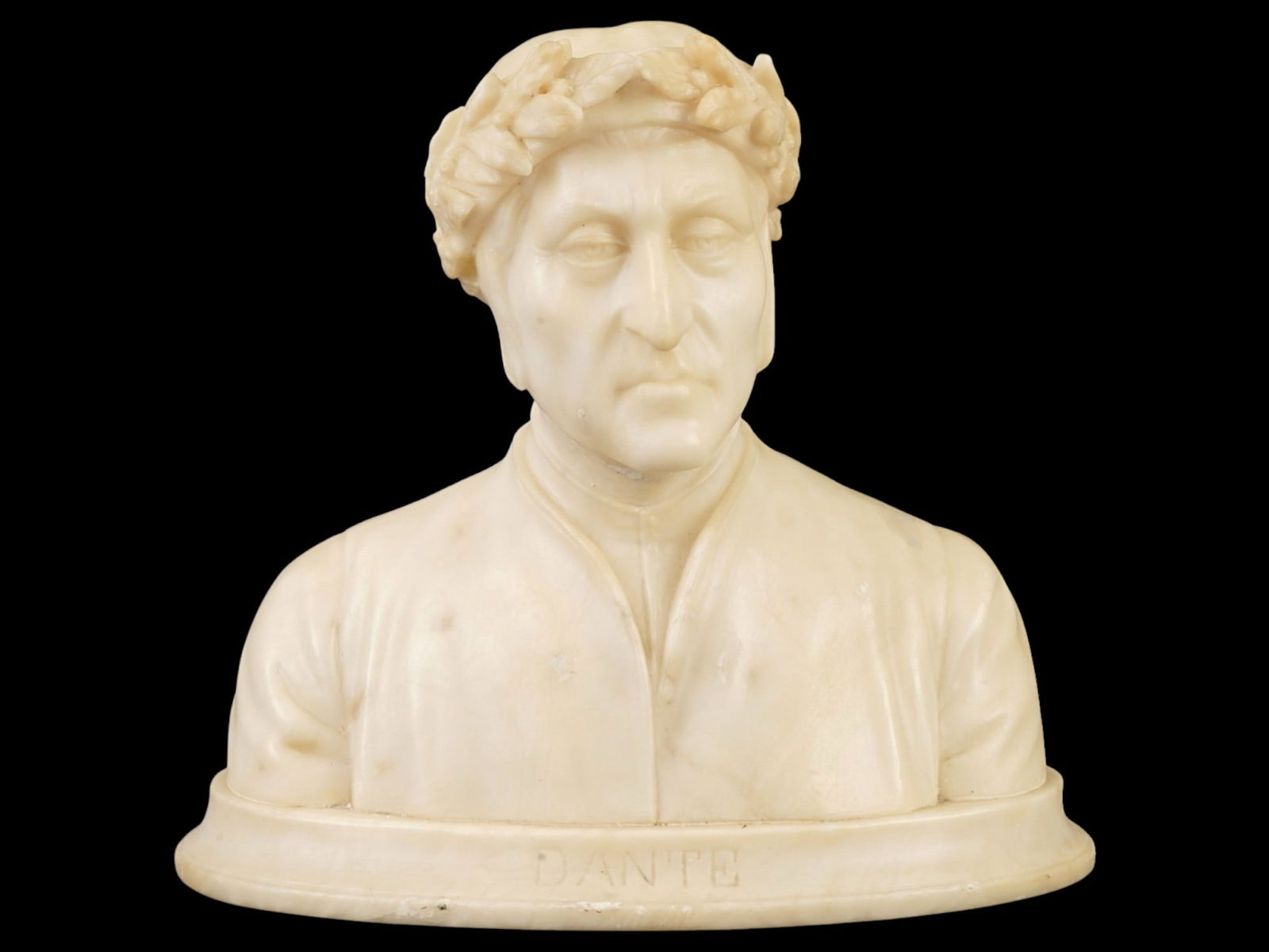 ANTIQUE 19TH C EUROPEAN MARBLE DANTE SCULPTURE: An antique 19th century European School marble sculpture. Bust of Dante Alighieri, 1265 to 1321, an Italian Renaissance poet, author of the Divine Comedy. Unsigned. Titled Dante on the base. Collectib