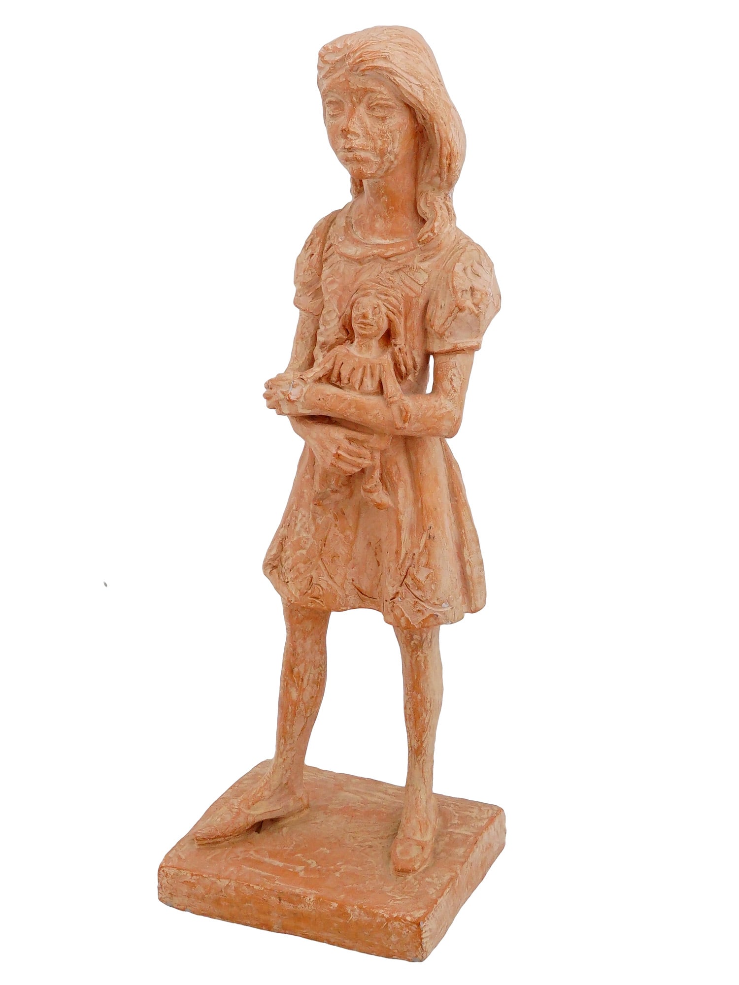 VINTAGE 1972 AMERICAN TABLE TERRACOTTA SCULPTURE: A vintage 1972 table terracotta sculpture of a young girl with a doll in her hands. This piece is part of a group of artworks done for American decor in the 70s, especially for nursery and maternity r