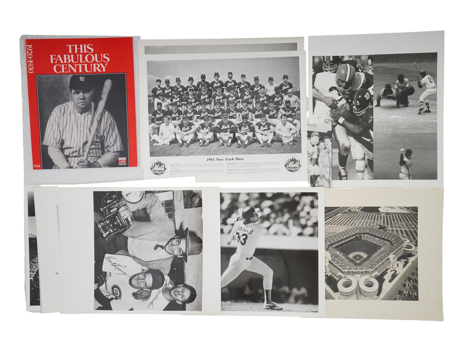 LOT OF MIDCENT AMERICAN BASEBALL PHOTOS AND BOOK: A lot of mid-20th century American photographs and articles related to baseball. A total of 17 items, including 1981 NY Mets group photo, portrait of Jose Canseco, views of baseball stadiums, the demo