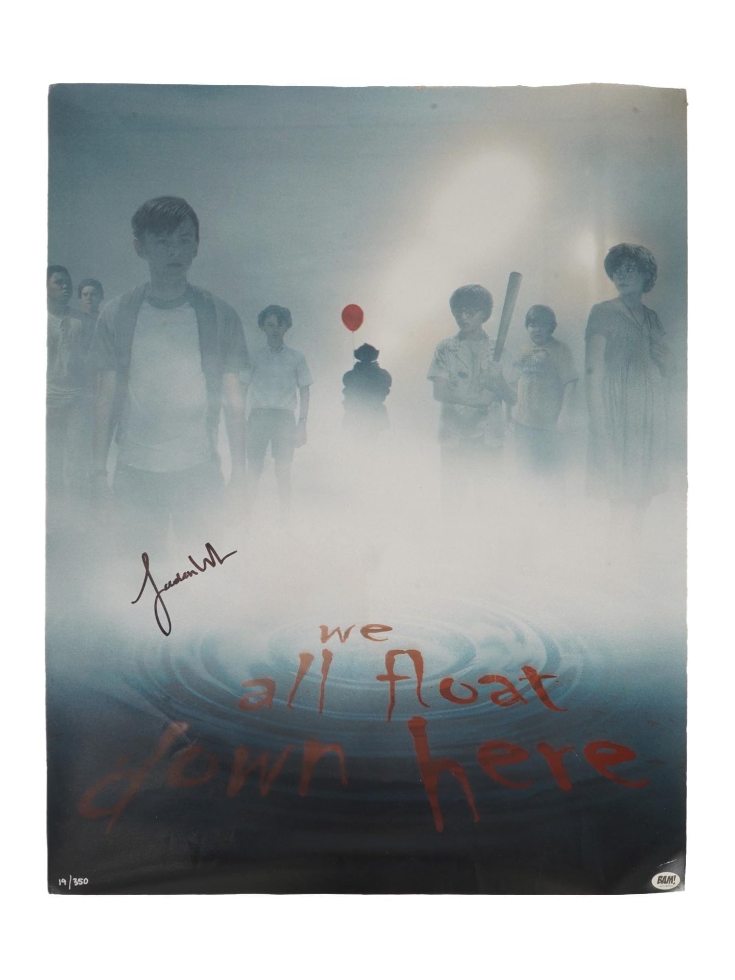 POSTER F 2017 FILM IT W JAEDEN LIEBERHER AUTOGRAPH: A poster for the 2017 horror film IT Chapter 1 with an authenticated autograph by Jaeden Lieberher. Limited edition, 19 of 350. Bam Authentic. The poster features the films main characters and a silho