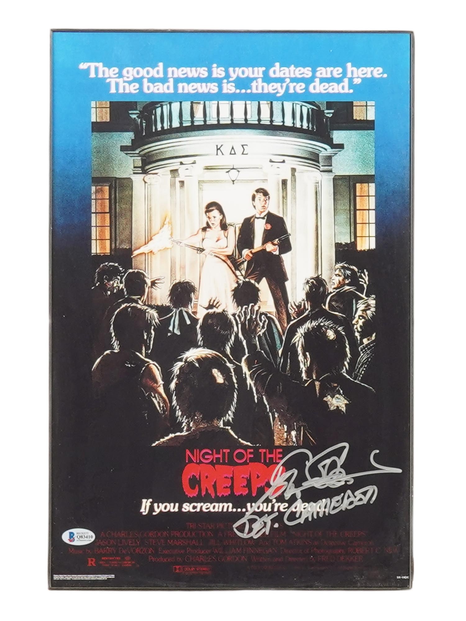 NIGHT OF THE CREEPS POSTER SIGNED BY TOM ATKINS: Color poster of the Night of the Creeps movie, a 1986 American science fiction horror comedy film written and directed by Fred Dekker, starring Jason Lively, Jill Whitlow, and Tom Atkins. Signed by To