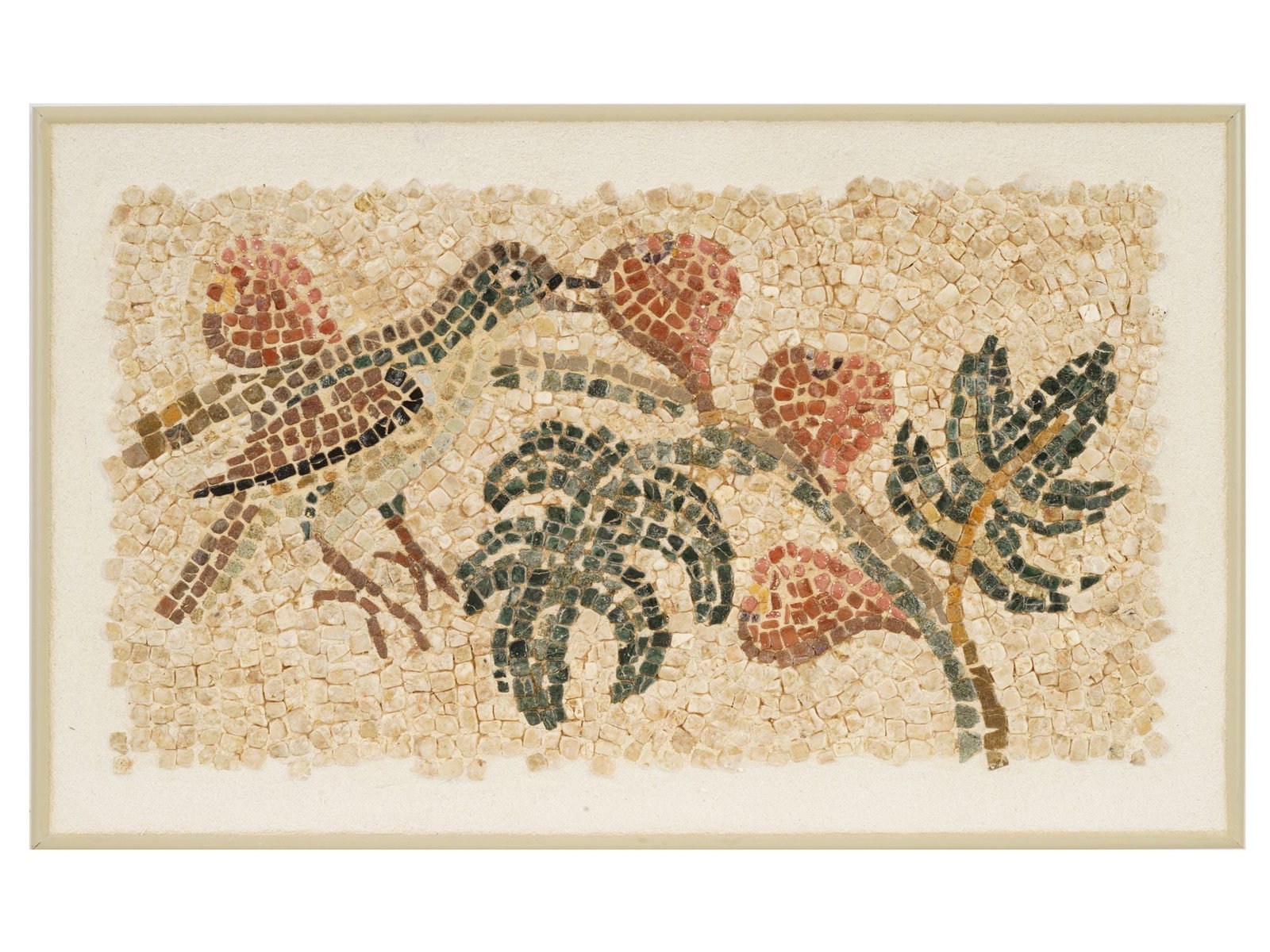 ANCIENT ROMAN MOSAIC BIRD WITH FIG TREE 100 TO 300 AD: An ancient Roman mosaic artwork composed of tesserae pieces dating circa 100 to 300 AD. The mosaic depicts a composition with a bird and fig three. Mosaics such as this were often used to adorn the fl