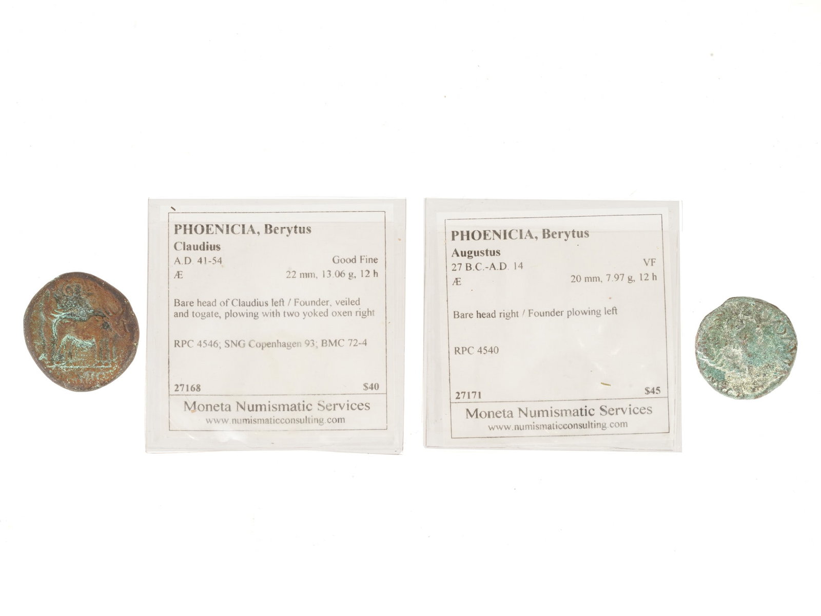 TWO ANCIENT PHOENICIAN BRONZE COINS W DESCRIPTIONS: A lot of two ancient Phoenician bronze coins minted in Berytus, which was part of the Roman province of Phoenicia. These coins were commonly used as local currency for trade and military pay in the re